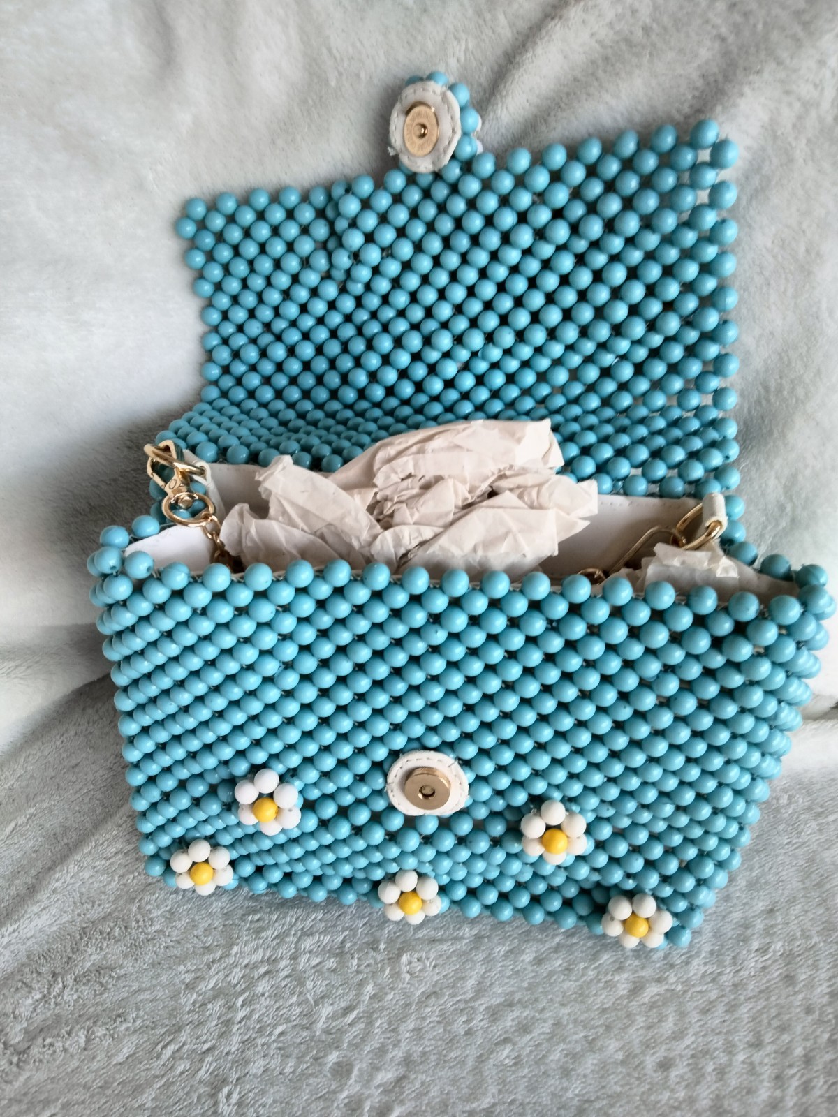 Beaded Blue Top Handle Bag Floral Daisy Detail Gold Chain Strap Button Closure