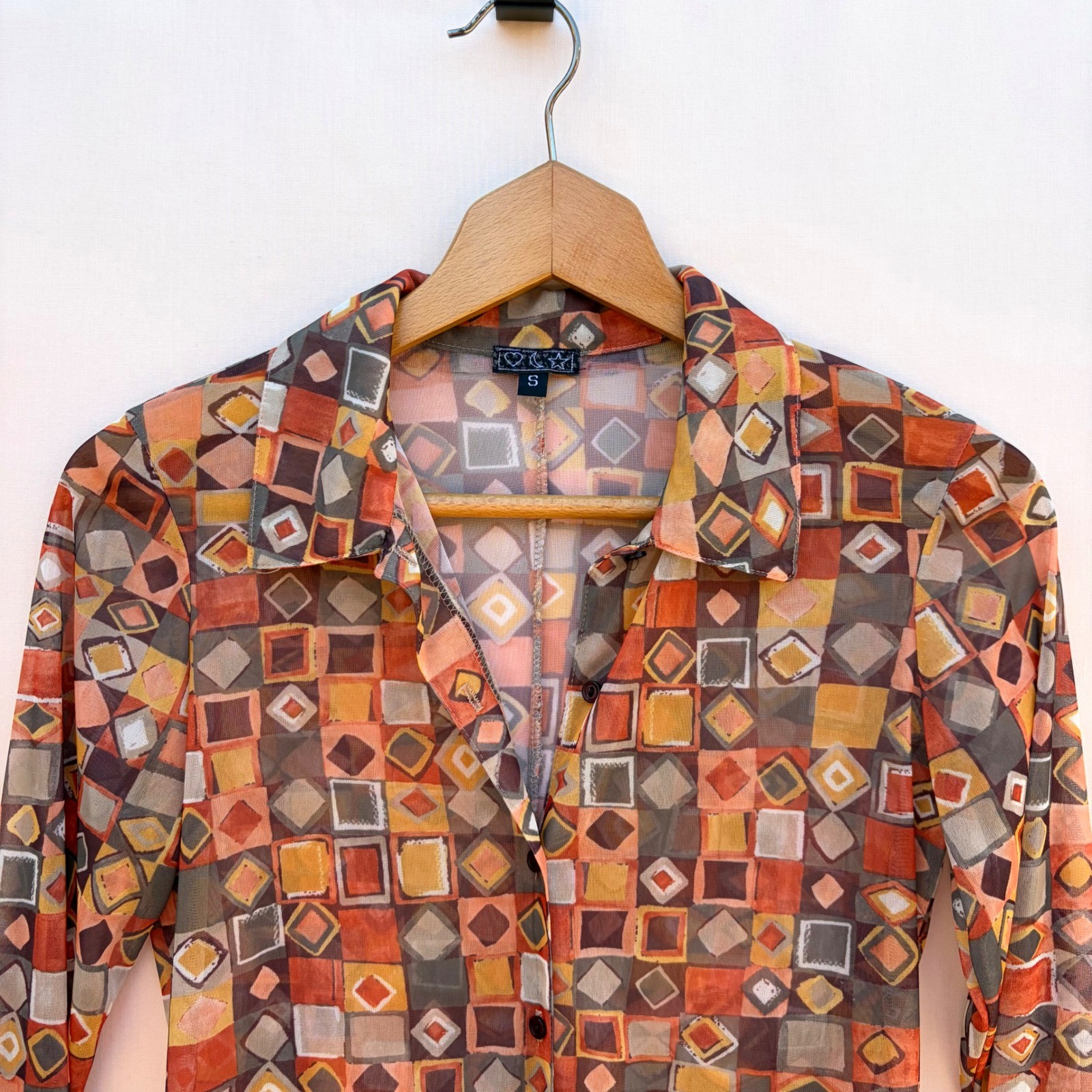 Heart Moon Star Blouse Womens S Orange Y2k Geometric Mesh Button Up