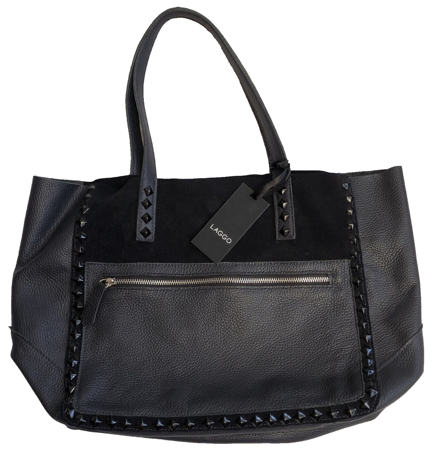 Laggo Miley Navy SDE Suede Leather Tote Bag Pyramid Studs 18.5 x 11.5 x 5 inches