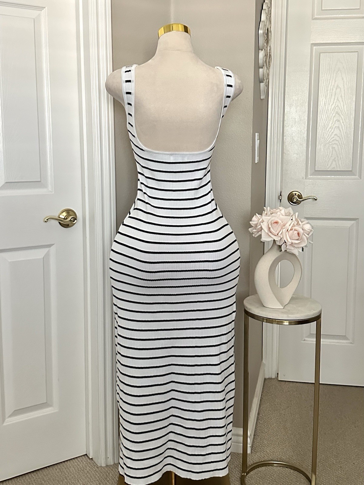 Fashion Nova White & Black Striped Sleeveless Ribbed Maxi Dress w/ Low Back Sz S
