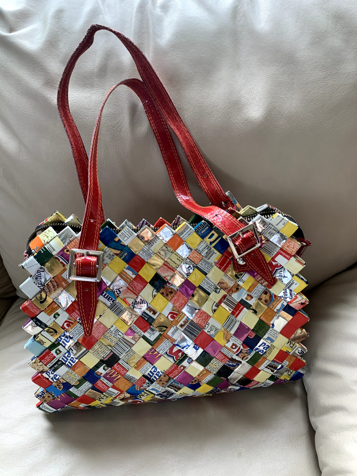 Nahui Ollin Large Purse with Strap Recycled Cookie Wrappers Unique One-of-a-Kind
