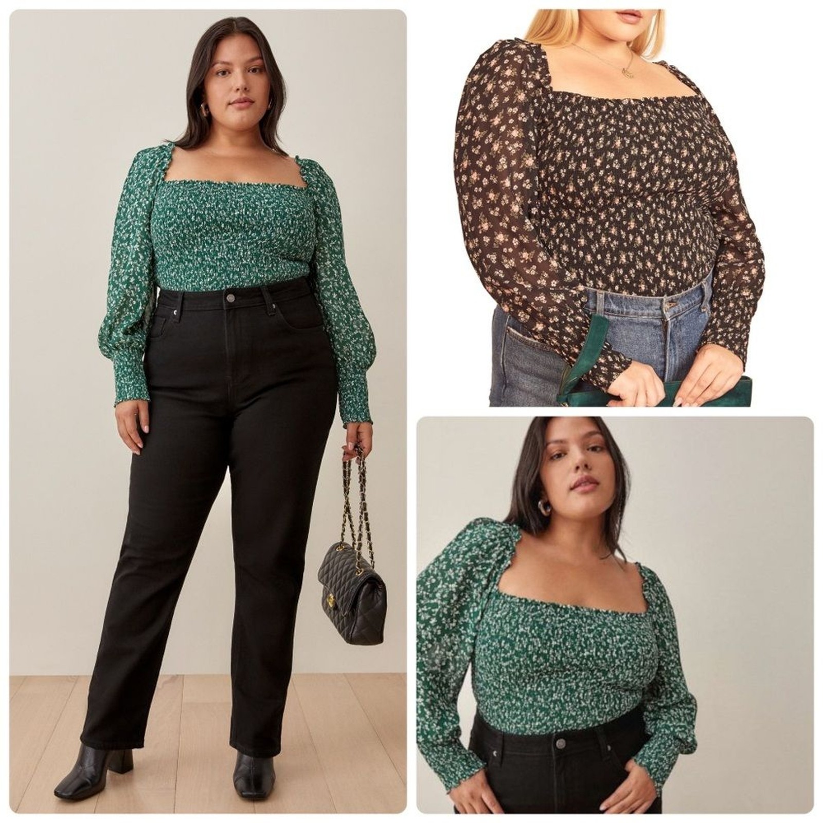 Reformation NWT $148 1X Pinto Smocked Long Puff Sleeves Top Es in Caspian Blue