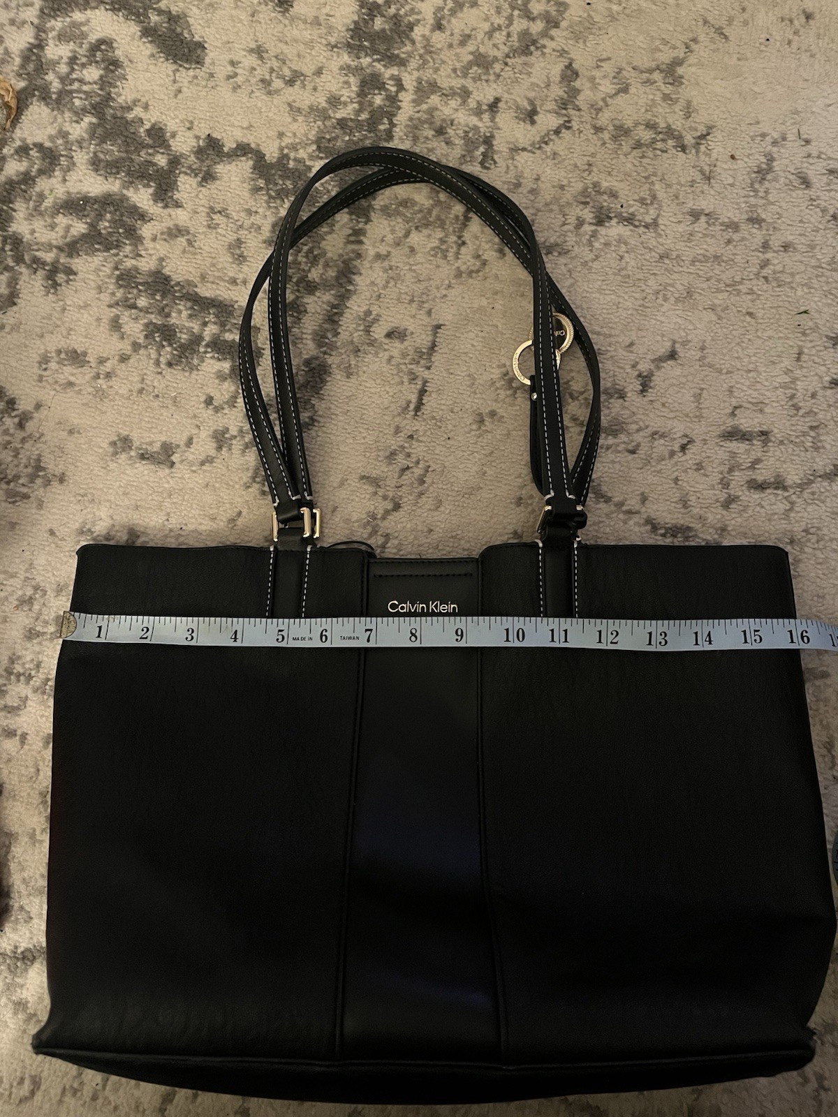 Calvin Klein Black Large Pebbled Logo Tote Gold Hardware Zip Lined Bag Charm