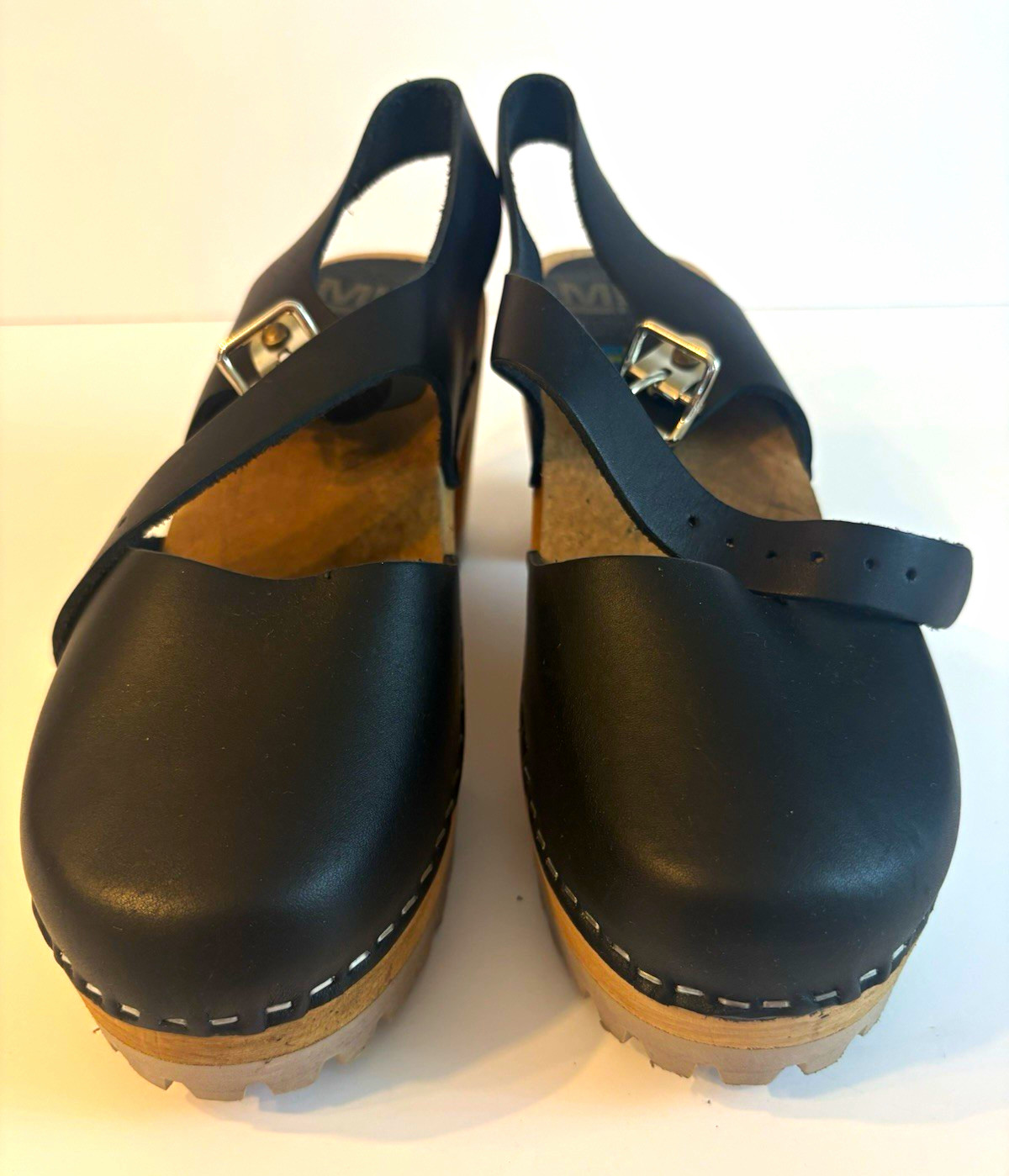 MIA 1976 Women’s Black Leather Platform Clog Heels Ankle Strap Buckle Size 38