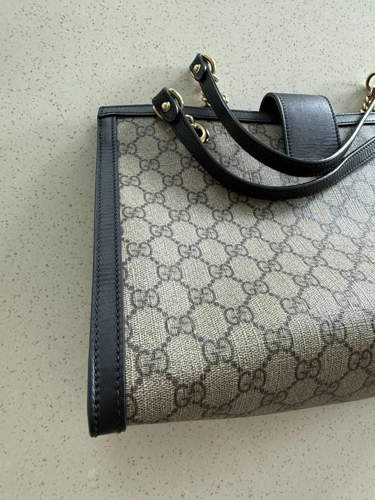 Gucci GG Padlock Medium Top Handle Bag Beige Black Gold Lock Chain Strap