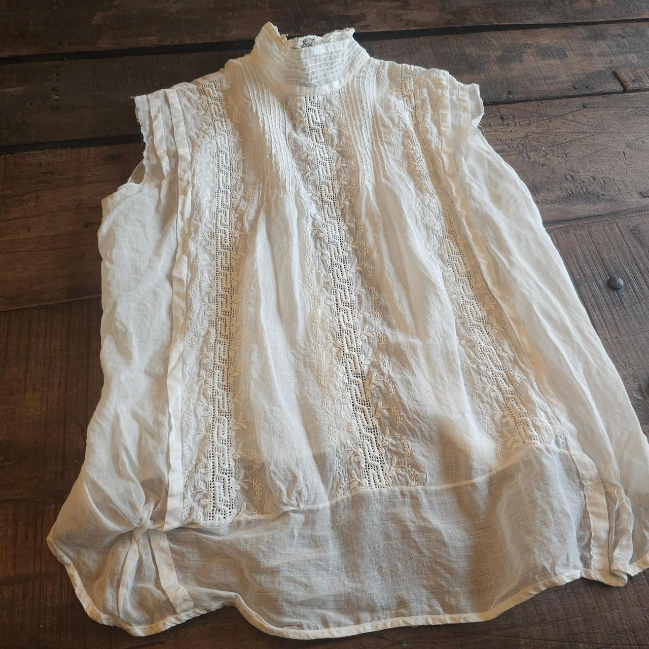 Antique Embroidered White Sleeveless Blouse Mock Neck As Is Top Shirt Edwardian