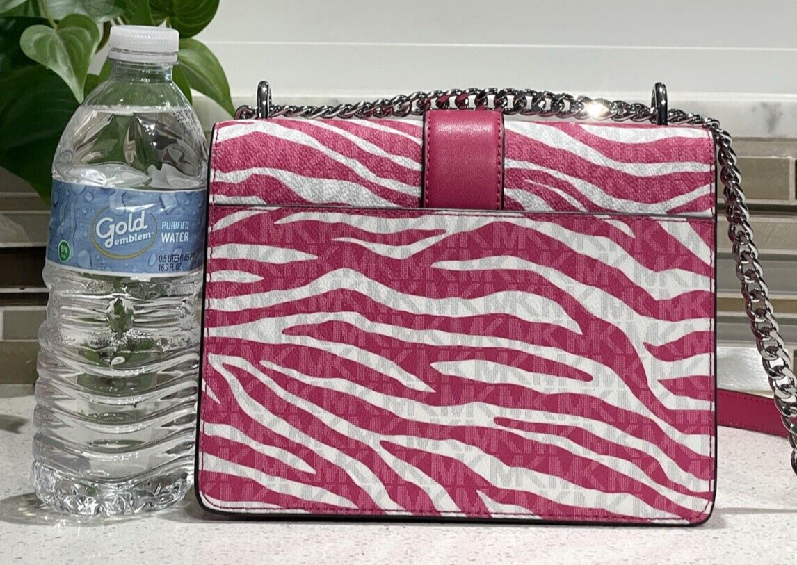 MICHAEL KORS GREENWICH SMALL FLAP CROSSBODY MK CHAIN BAG TOTE PINK ANIMAL ZEBRA
