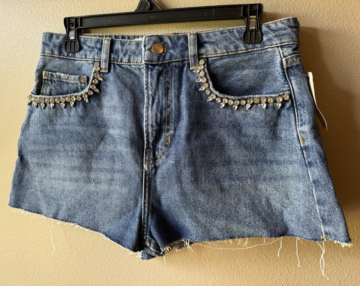 Pilcro Blue Denim Cut Off Shorts Rhinestone Trim 5-Pocket Mid Rise 29