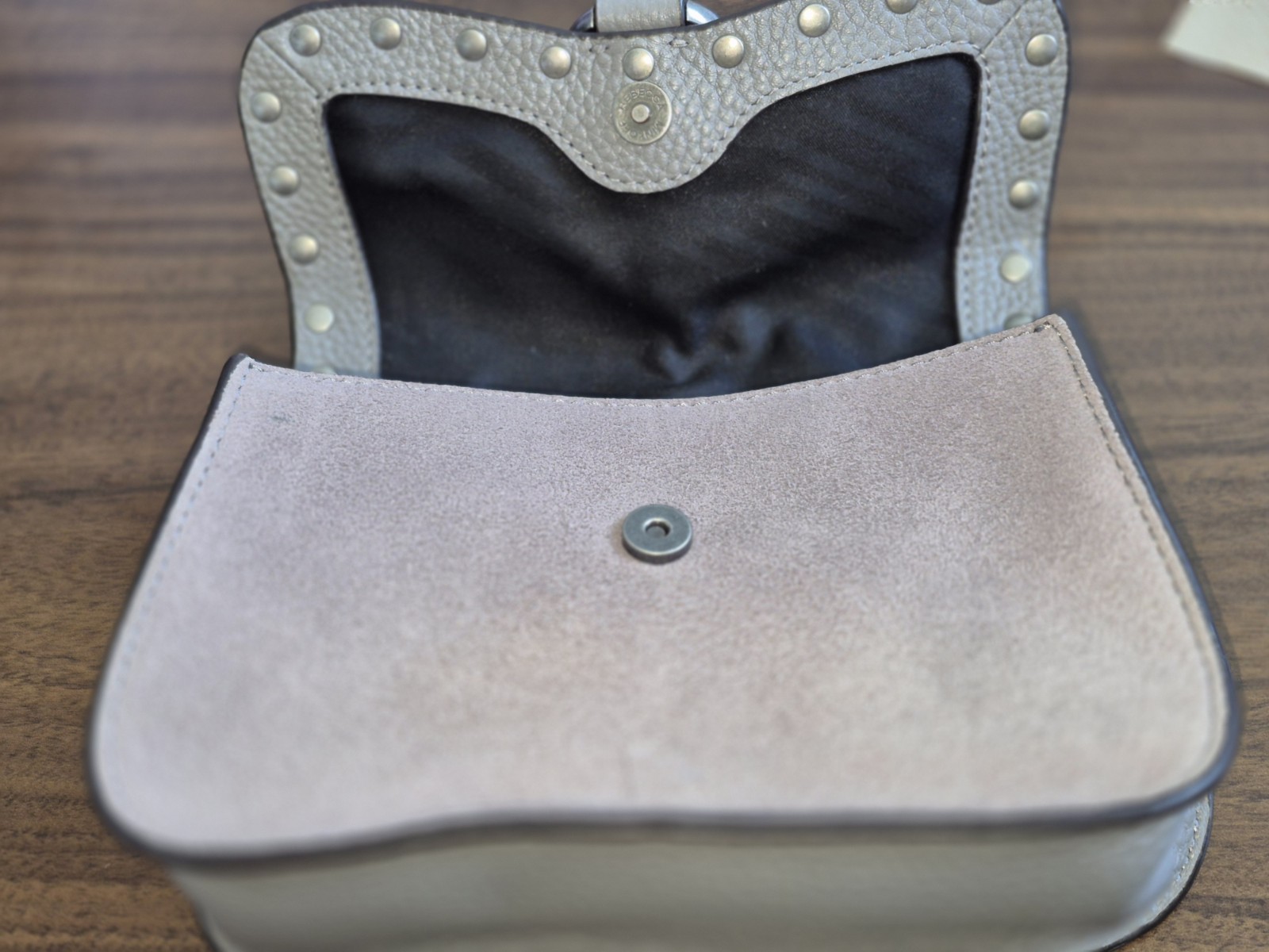 Rebecca Minkoff Women’s Gray Mini Studded Flap Crossbody, Chain Strap, Mag