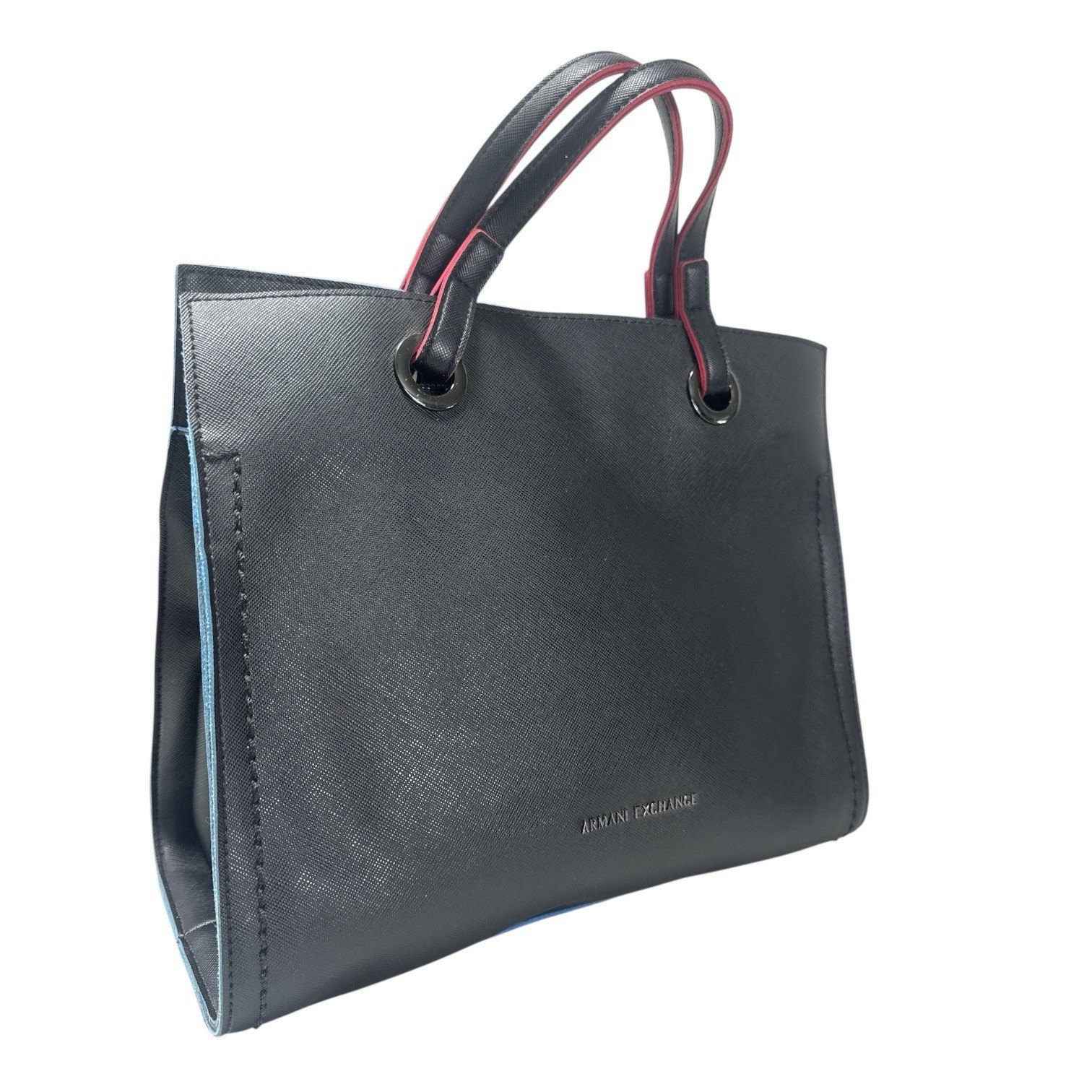 Armani Exchange Black Eco Leather Shopper Tote Hand Bag Purse Blue Pink Edge