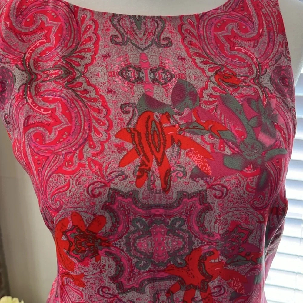 CaBi Paisley dressy pink, gray, orange & red back zip, lined tank top size small