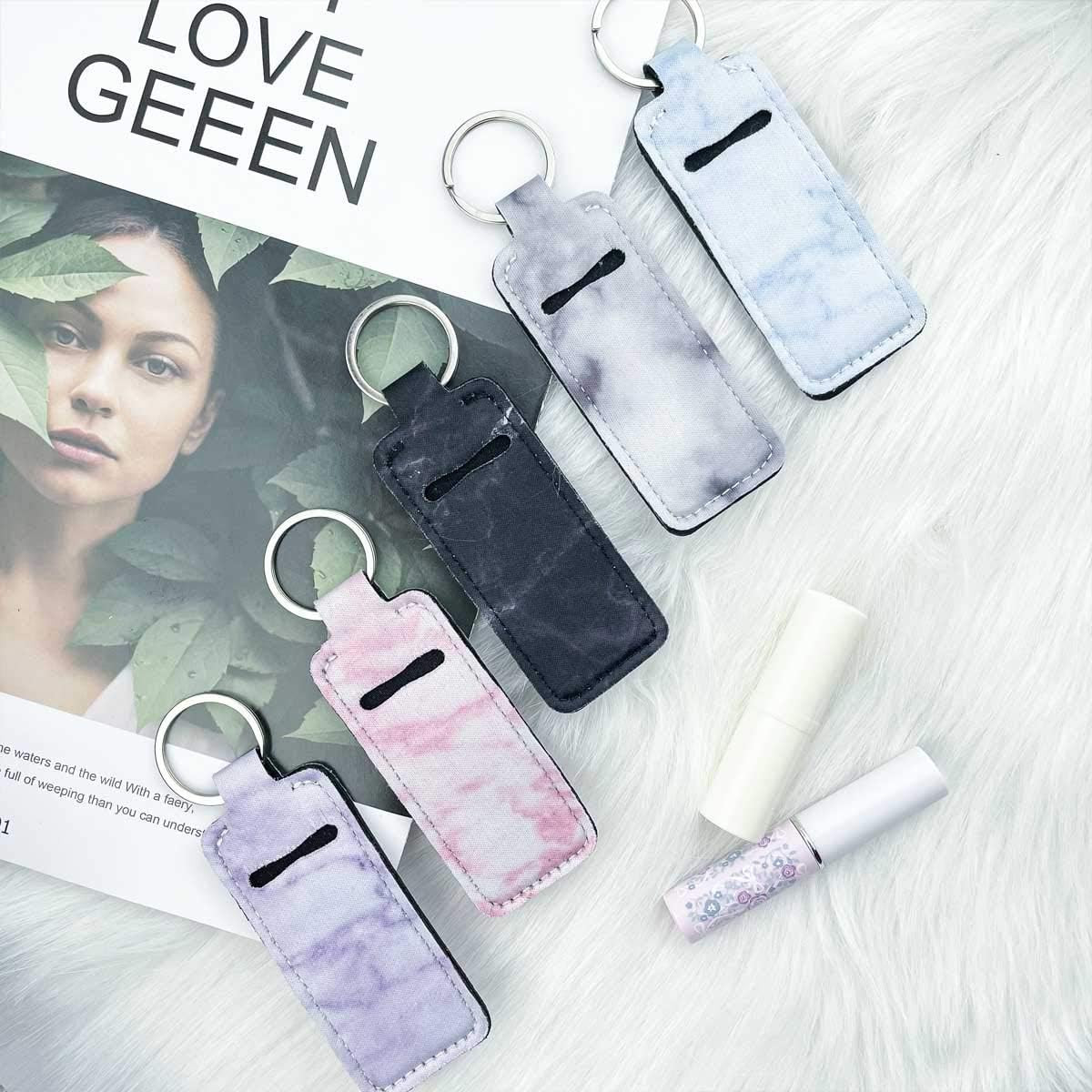 5-Piece Marble Chapstick Clip-On Sleeve Pouch Neoprene Keychains Lipstick Hol…