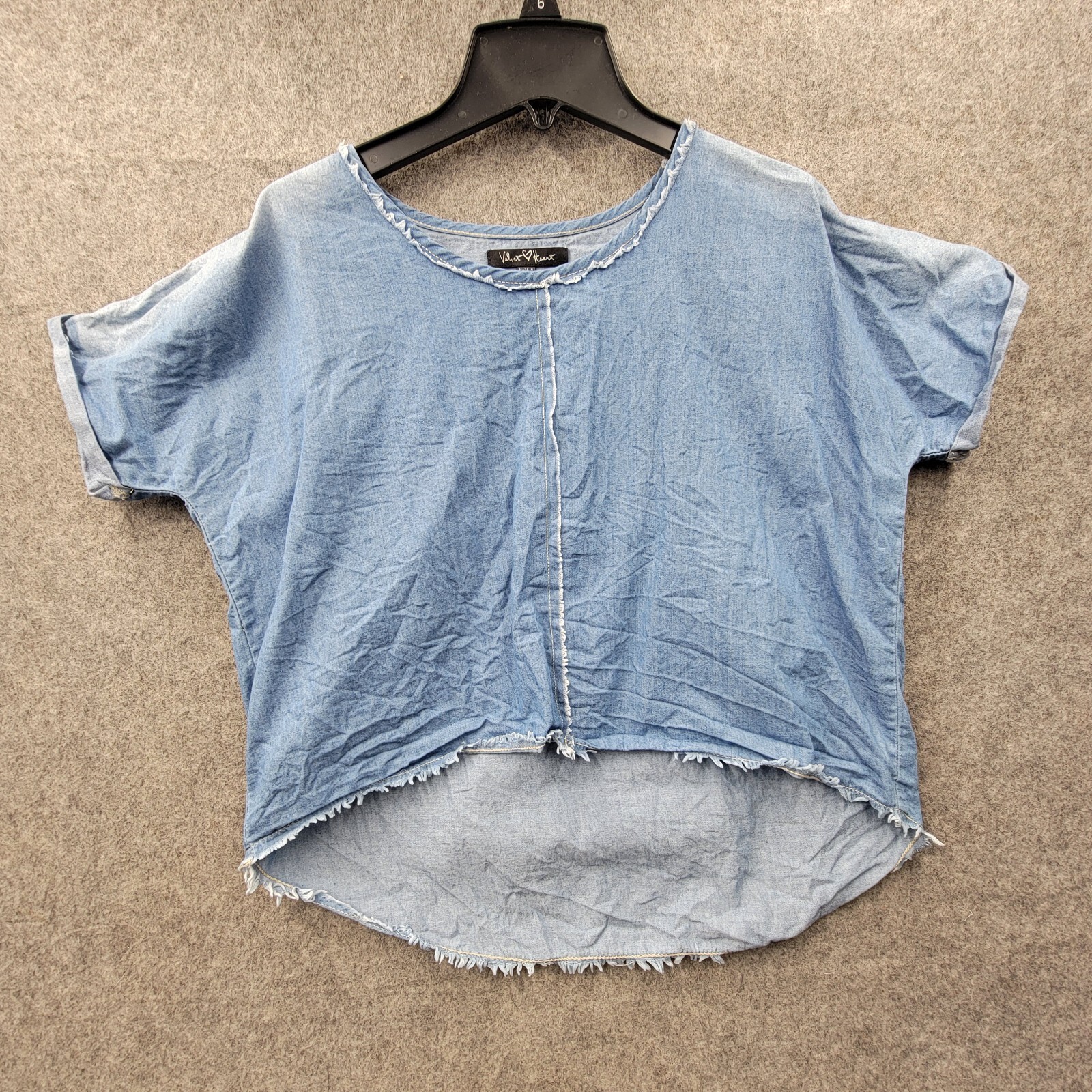 Velvet Heart Womens Blue Smooth Denim Top Shortsleeve Fringe Size S
