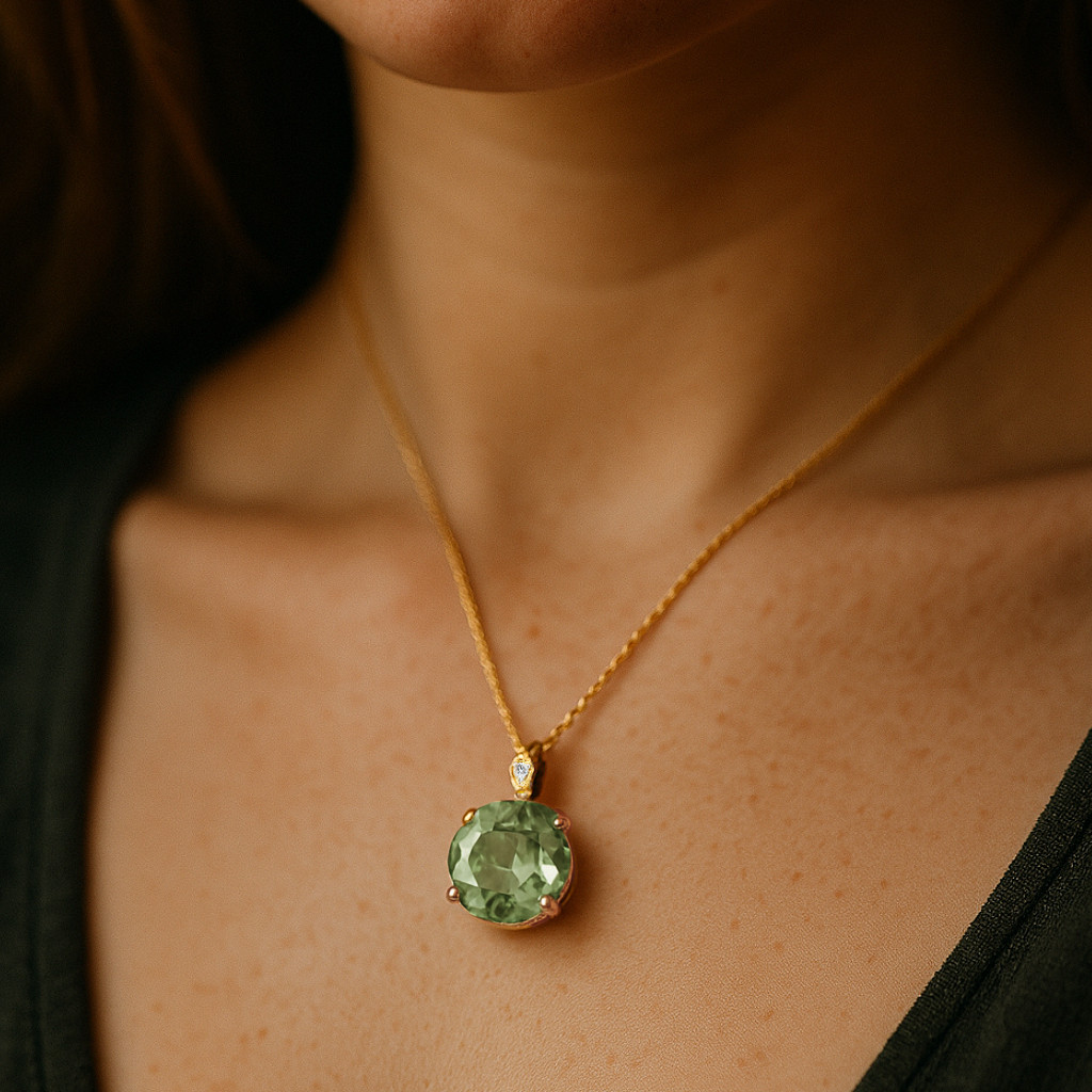 14K Solid Yellow Gold 5Ctw Natural Green Amethyst Gemstone Pendant Necklace 18in