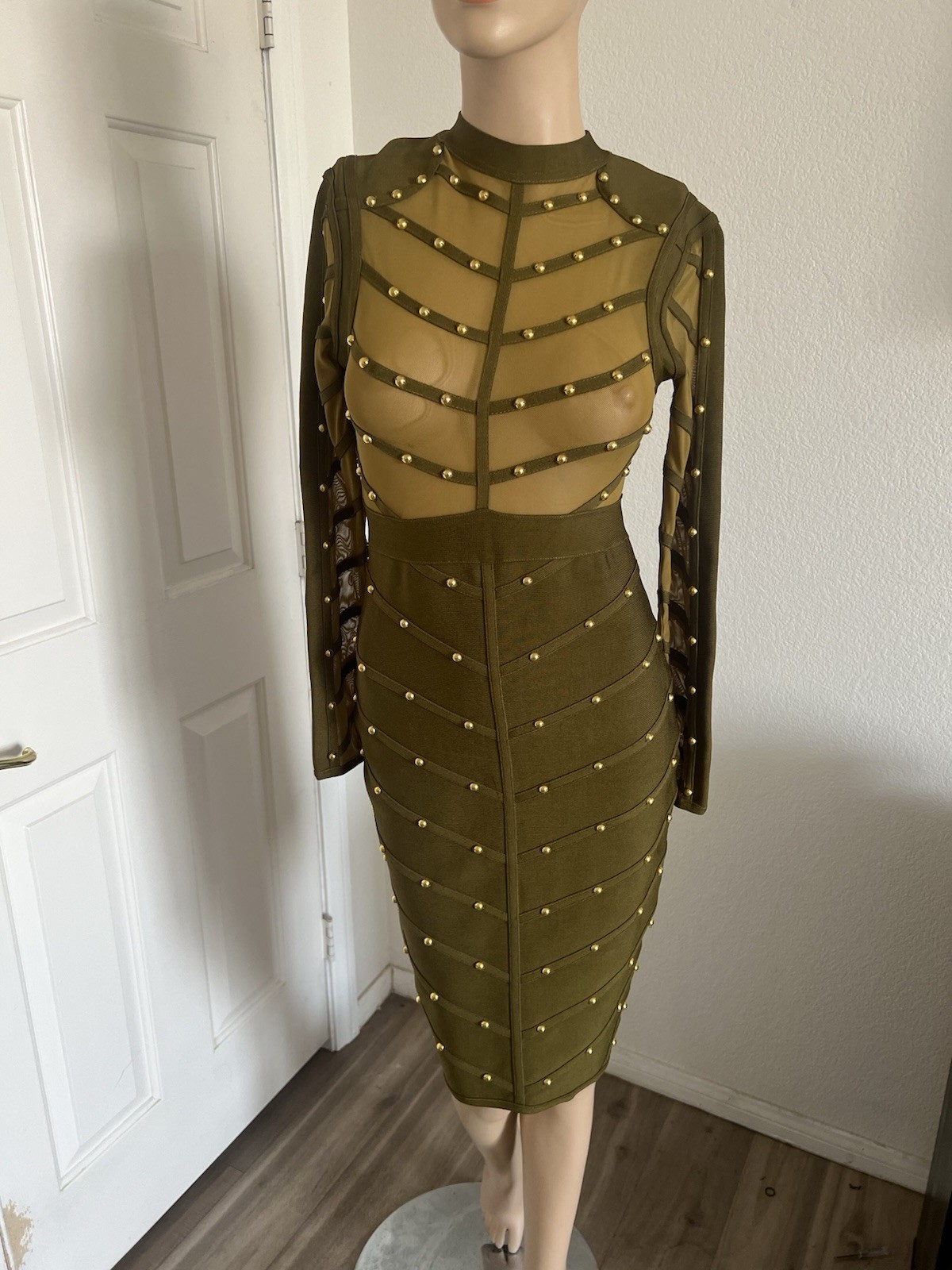 Womens Green Mesh Sheer Studded Mock Neck heavy Bodycon Zip Midi Dress L