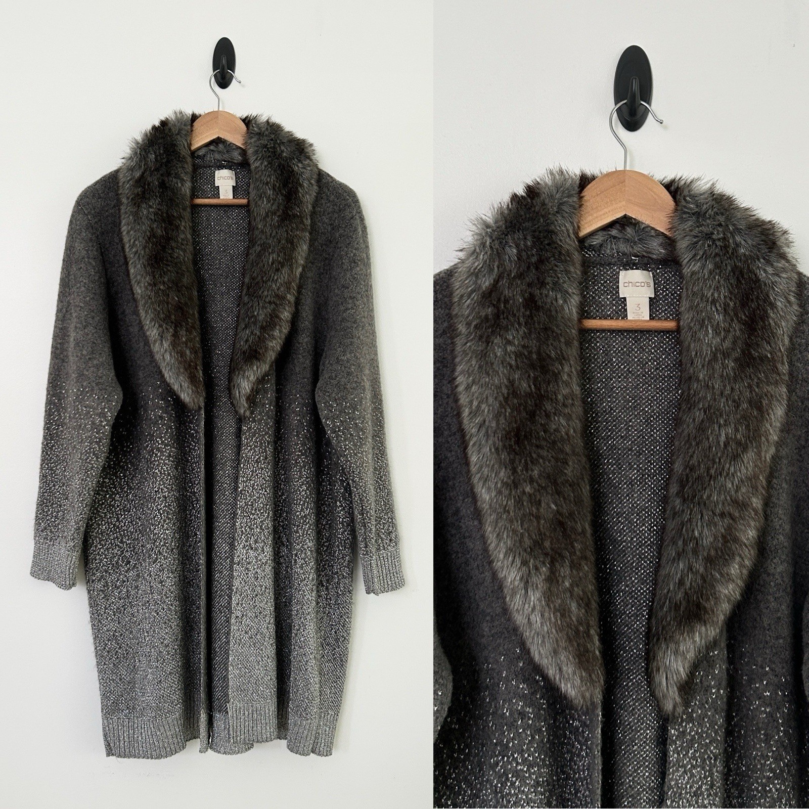 Chico’s Women XL Size 3 Grey Silver Ombre Shine Bridgette Sweater Cardigan NWOT