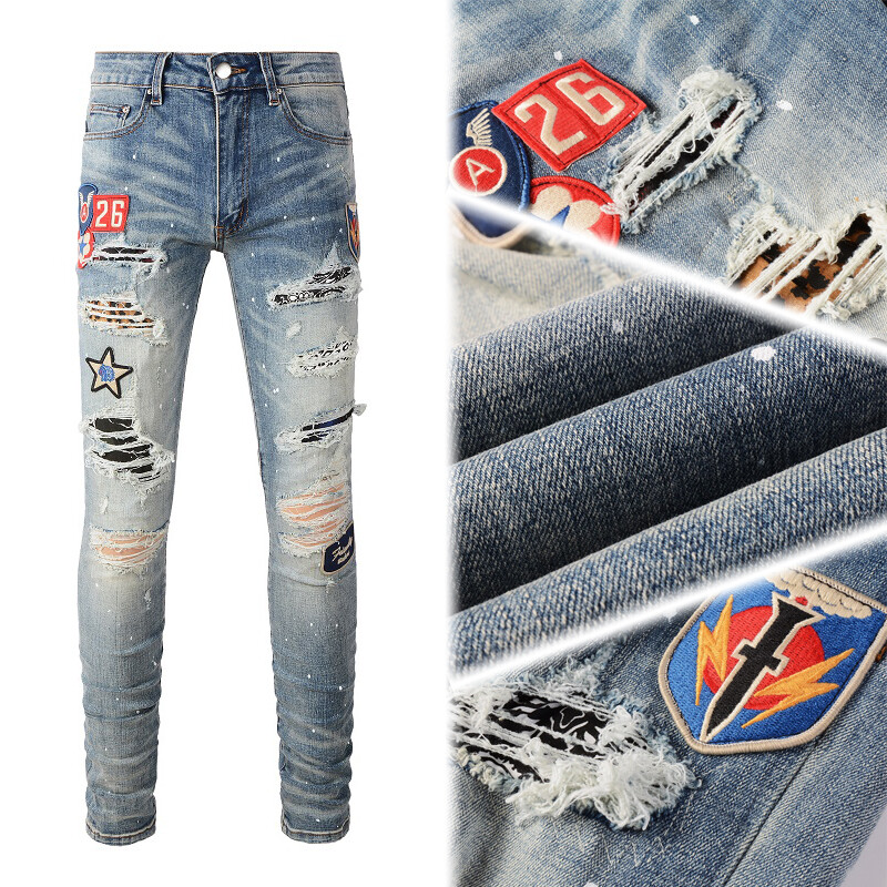 Men’s Vintage Distressed Stretch Denim Skinny Jeans with Patches and Studs