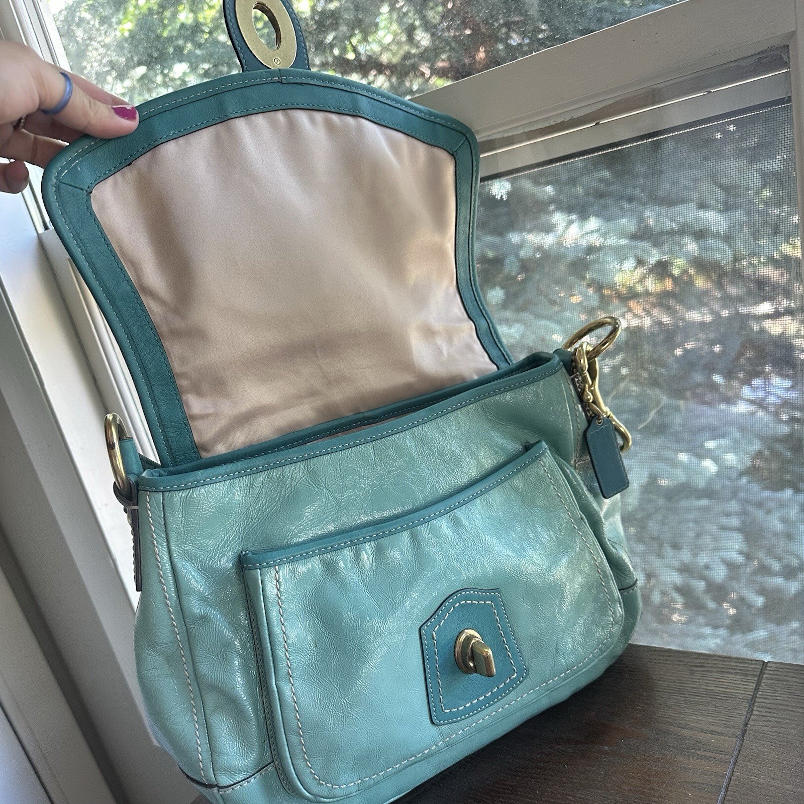 🦋Vintage COACH Ali Turquoise Legacy Patent Leather Turnlock Shoulder Bag f13370