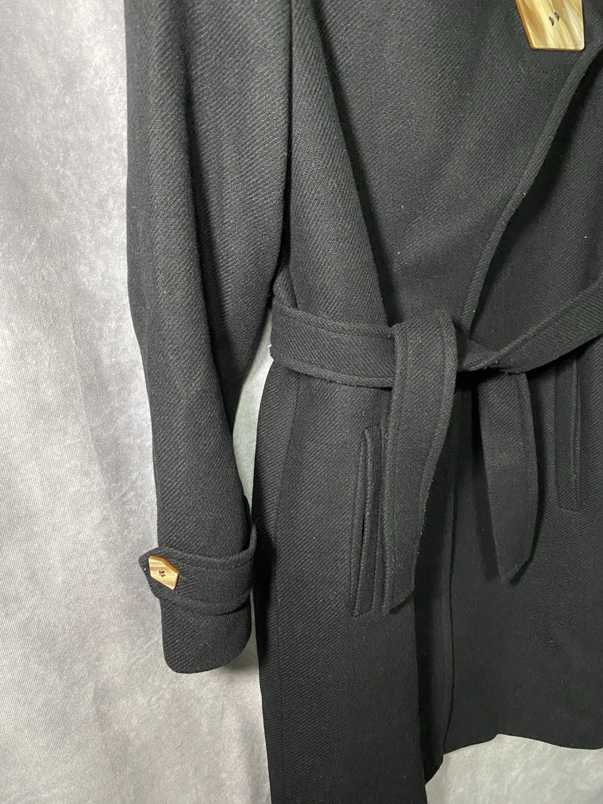 MNG Black Wool Blend Belted Long Trench Coat Women XS Capsule Wardrobe Luxury