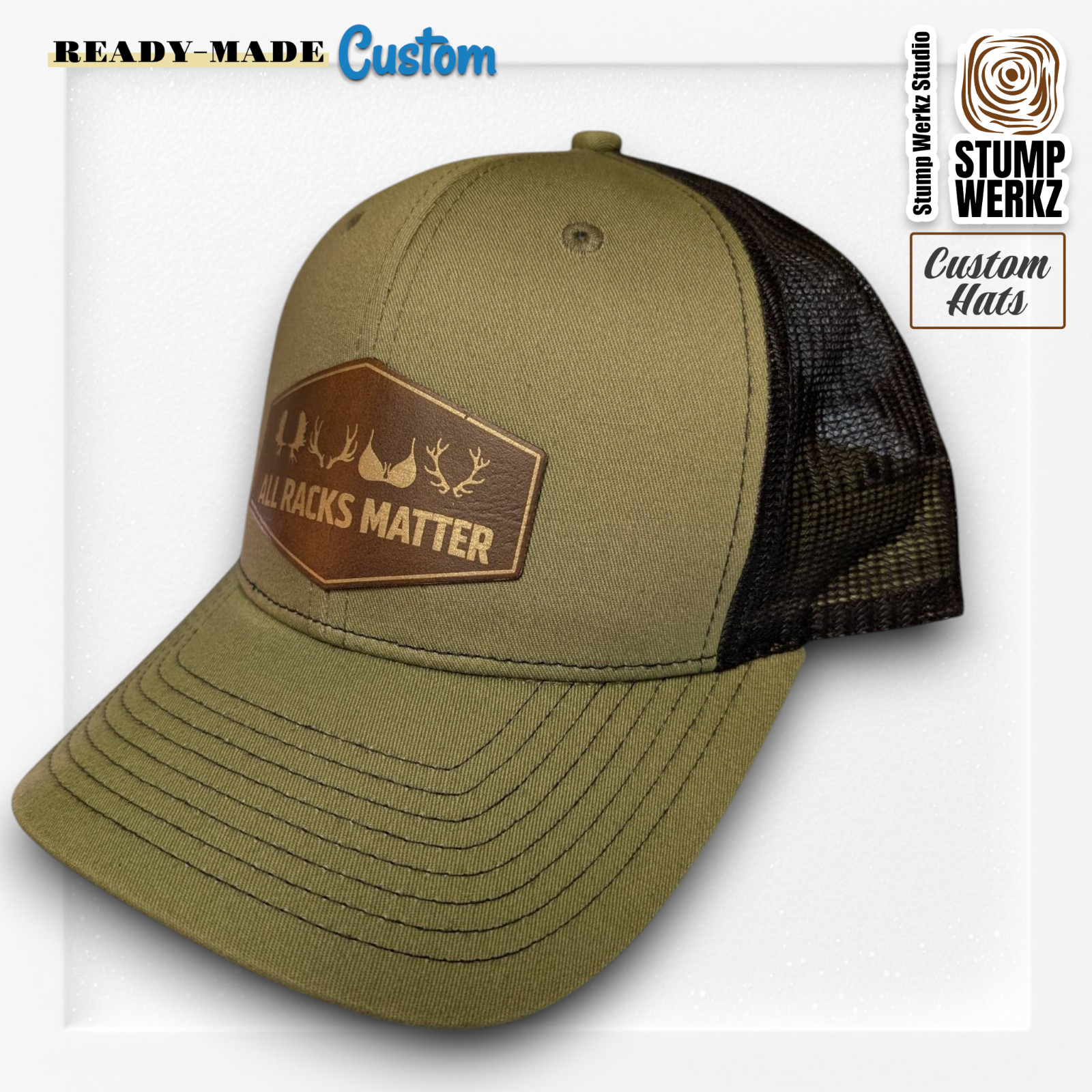 Custom Hat Trucker Baseball Cap Snapback Leather Patch Hunting ALL RACKS MATTER
