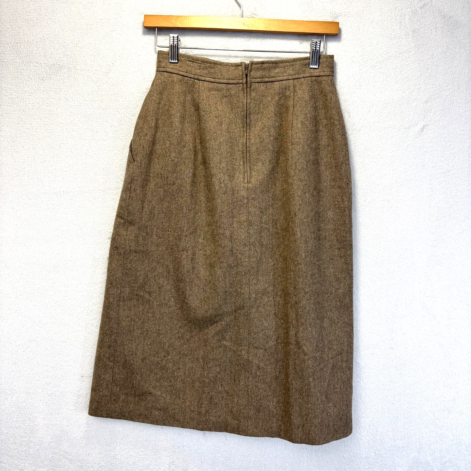 Vintage Tweed Wool Pleated A Line Skirt Medium 9 Brown Midi Slit Academia Office