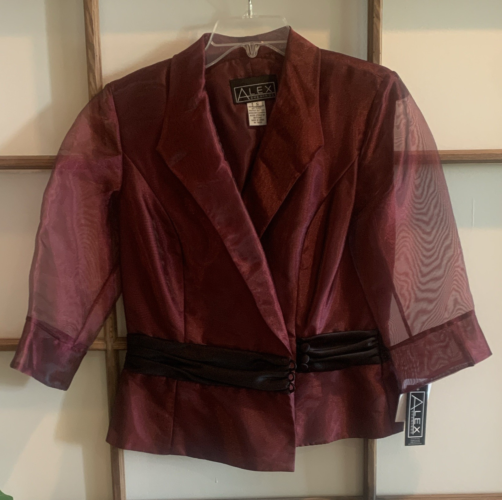 Alex Evenings Burgundy Sheer 3/4 Sleeve Button Front Short Jacket Womens S
