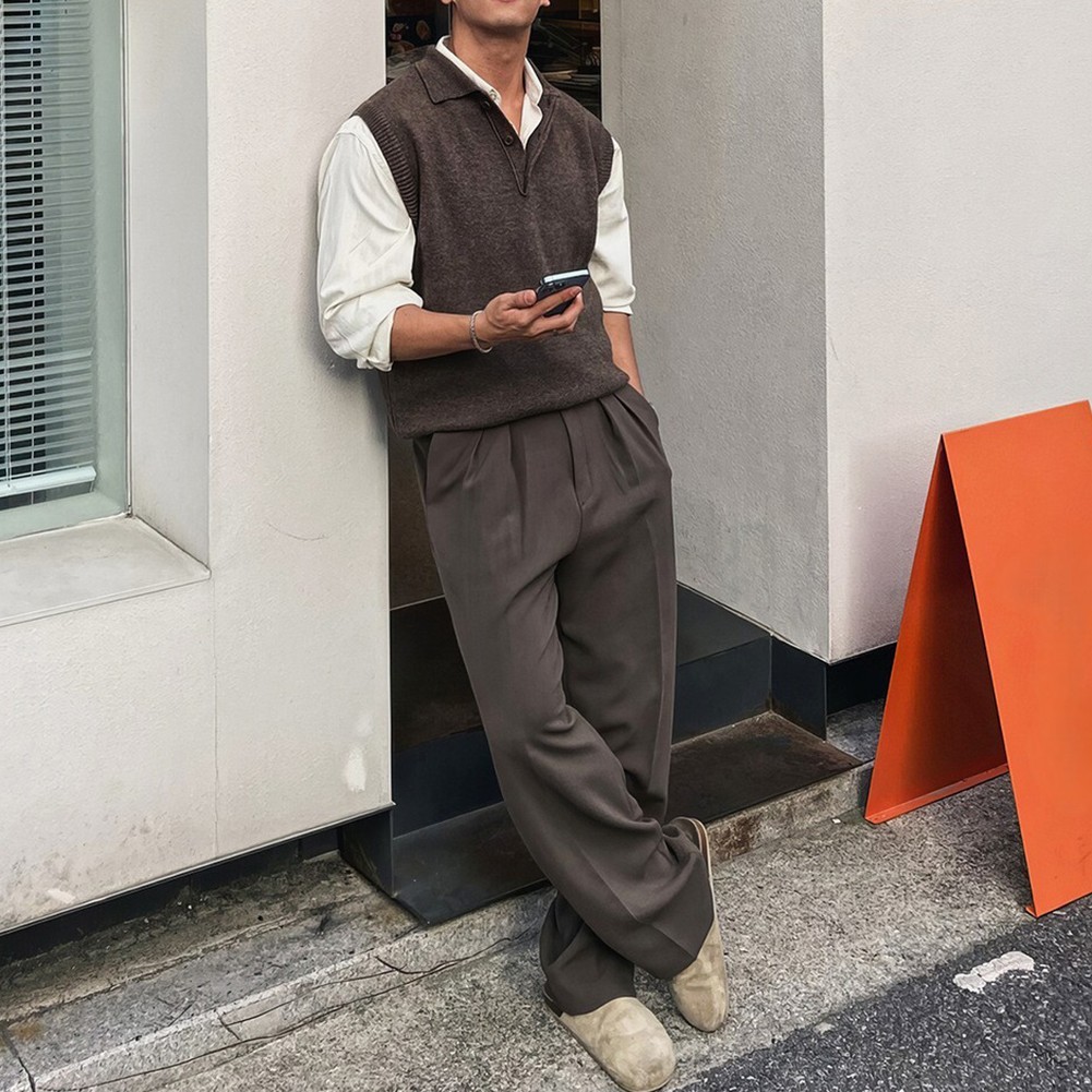 Men Sleeveless Sweater Vest Knitted Pullover with Lapel for Casual