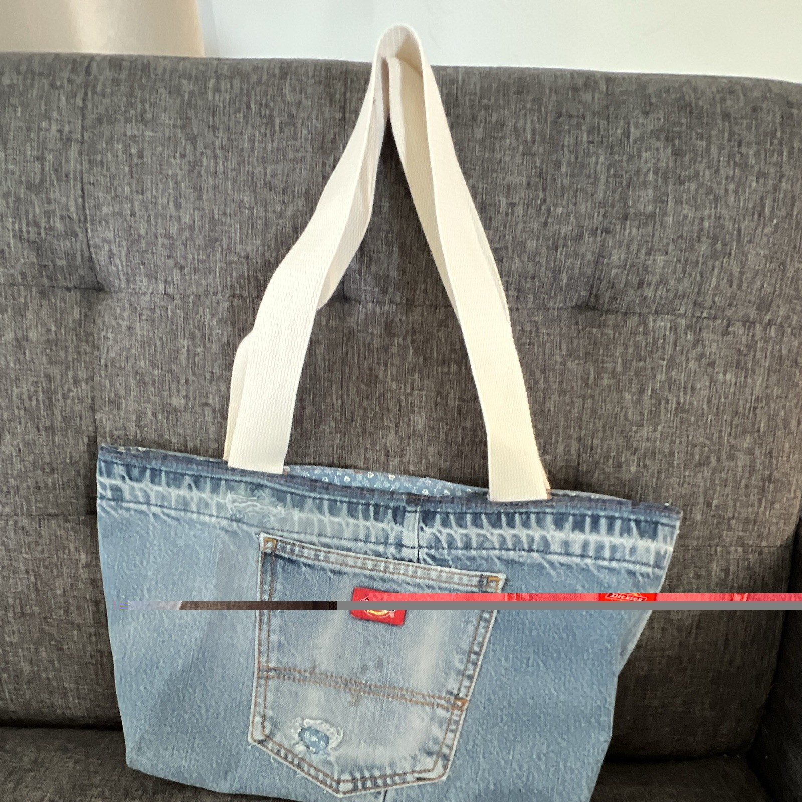 Women’s Blue Denim Tote Bag Lined White Canvas Double Handles Ins & Out Pockets