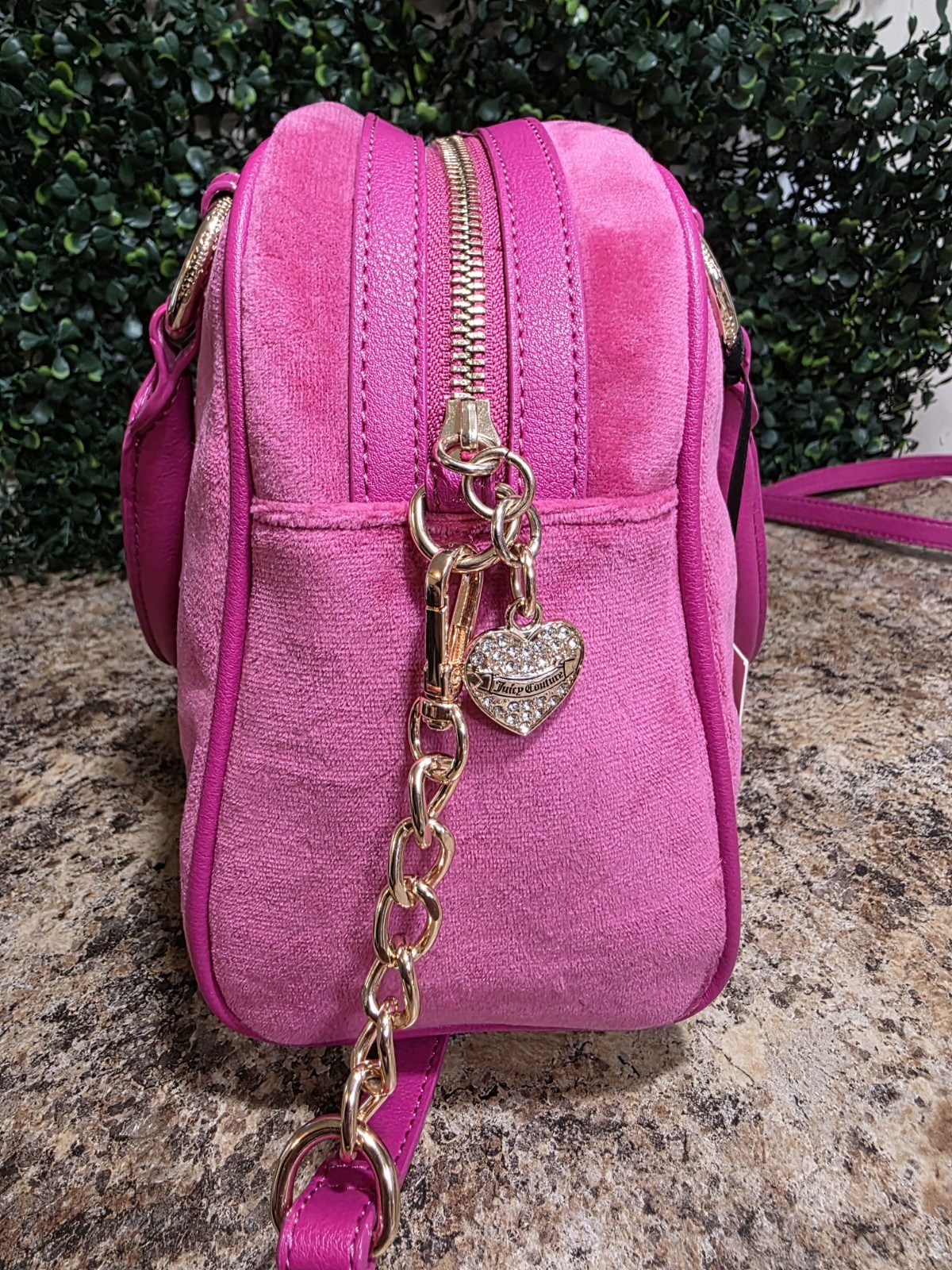 Juicy Couture Pink Logo Satchel Top Handle Zip Rhinestone Charm Gold Hardware