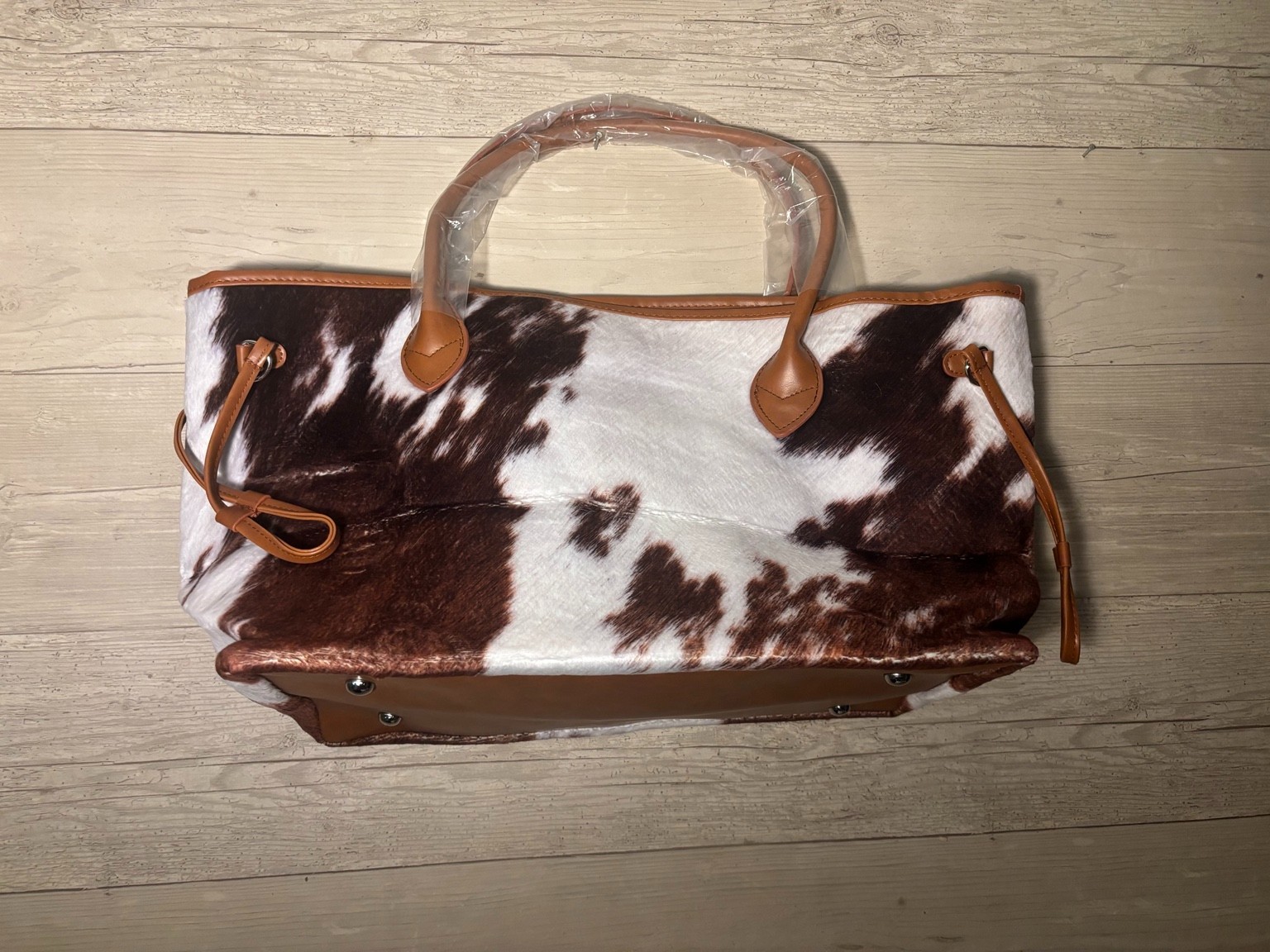 Cow Print Weekender Tote Bag Brown White Faux Cowhide Travel Overnight Carryall