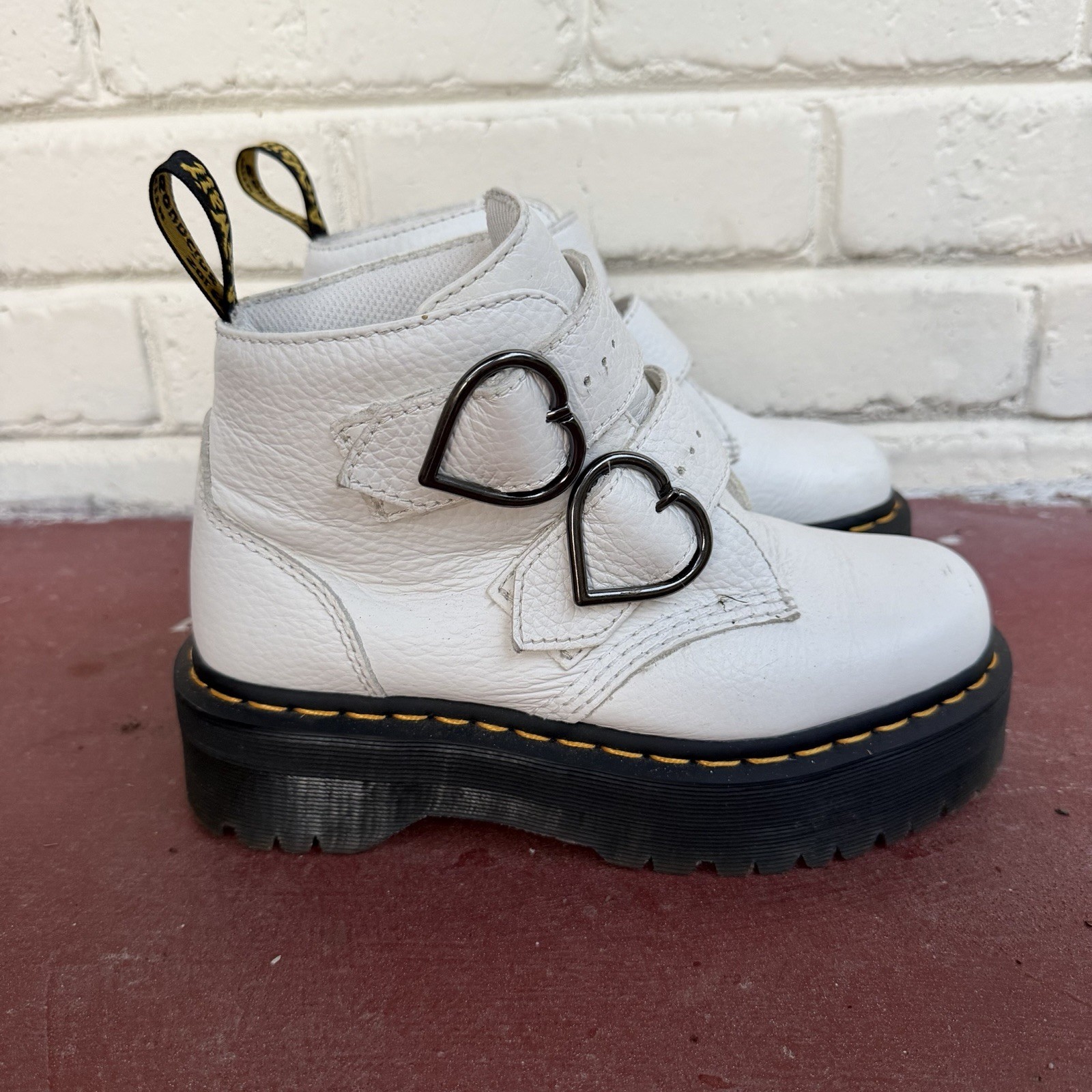 Dr. Martens Boots Devon Heart White Women’s Size 6 Platform Boots, Heart Buckles