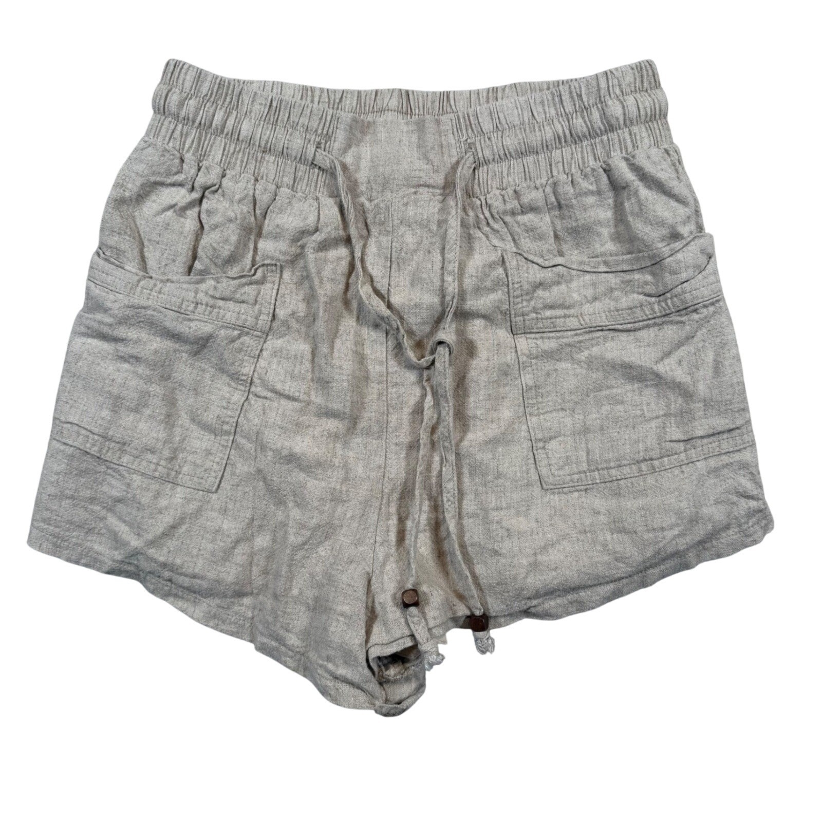 Drawstring Linen Polyester Lined Shorts High Waist Casual Summer Beige Size S