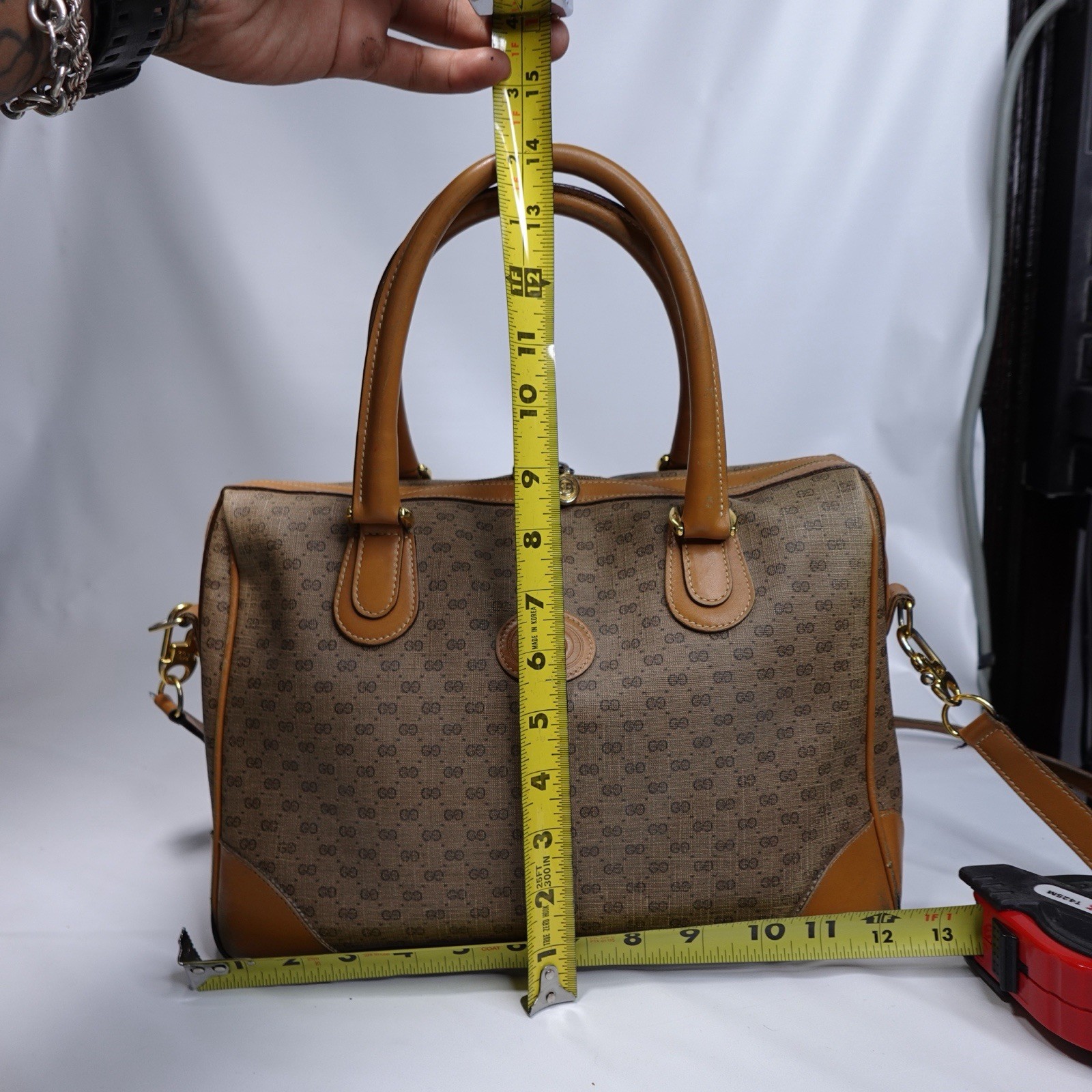 Vintage Gucci GG Supreme Monogram Boston Bag Tan Leather Italy Need Light Repair