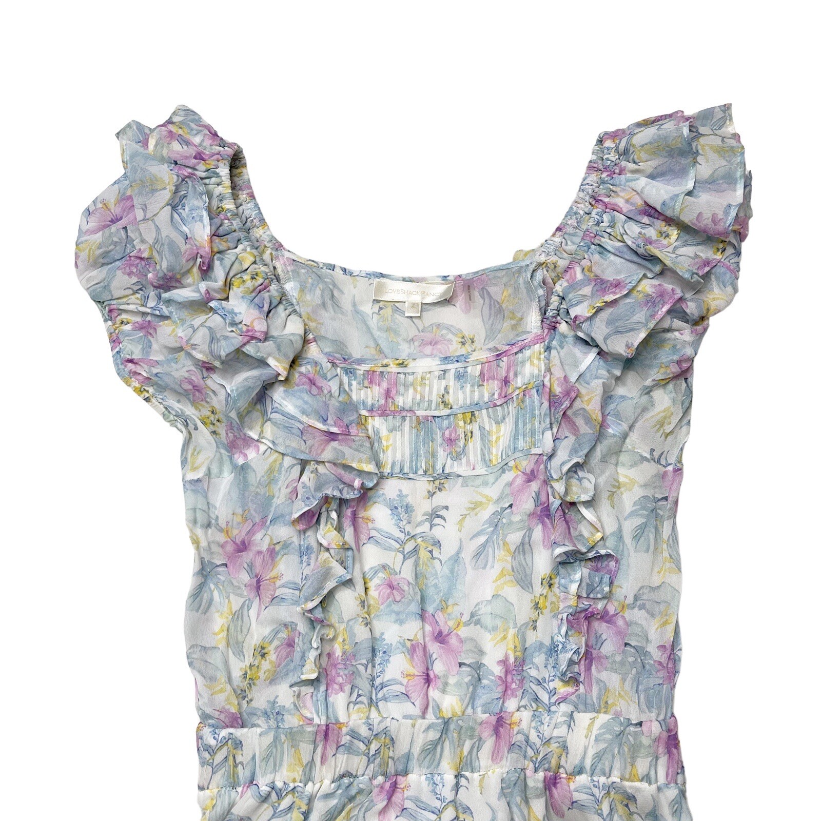 LOVESHACKFANCY Womens Dress Size XS Ivoire Floral Chiffon Mini white ruffle Blue