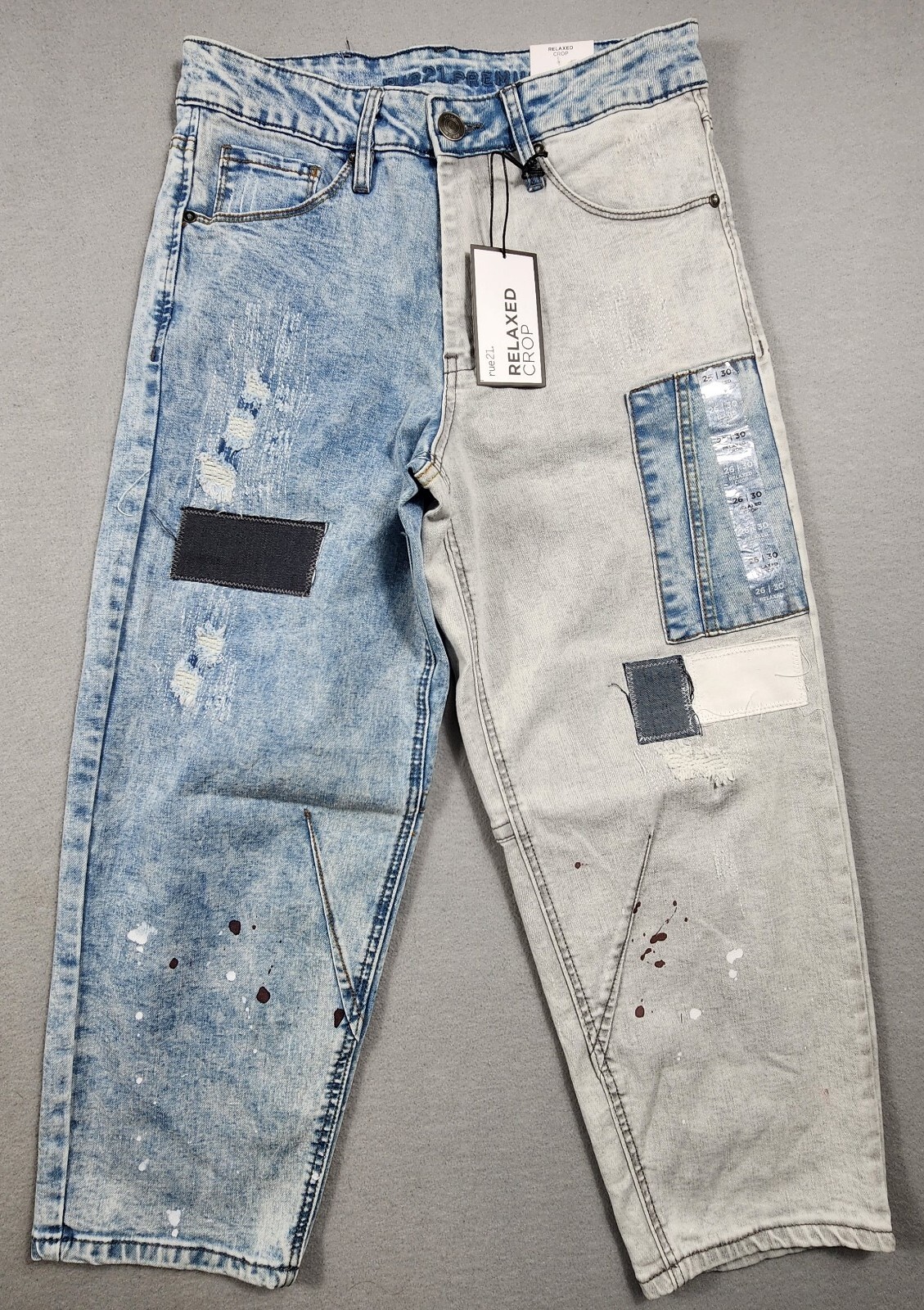 Paint Splatter Patchwork Relaxed Crop Jeans Straight Leg Mens 90s Retro
