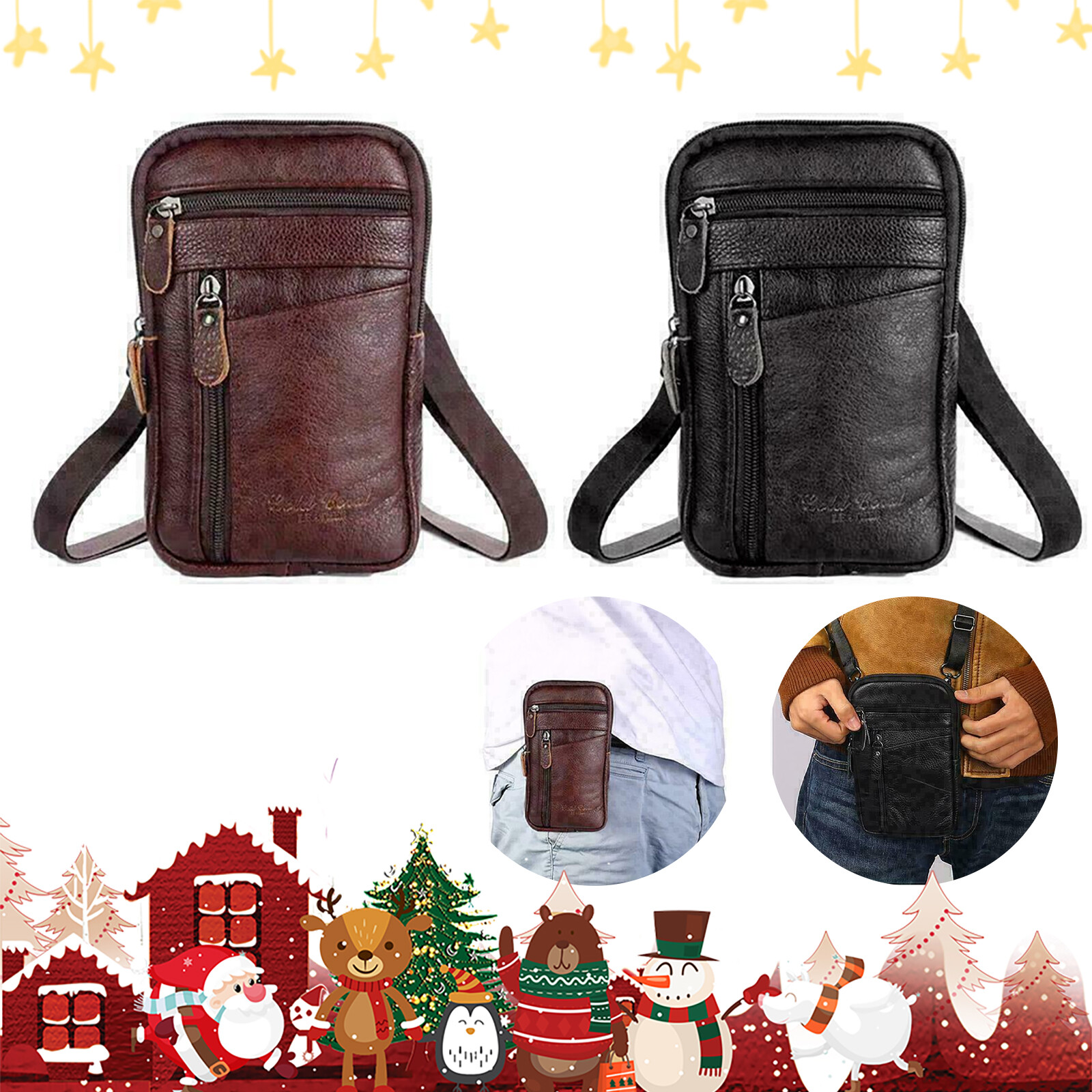 Men Leather Cell Phone Belt Bag Waist Bag Shoulder Pouch Crossbody Purse Pocket