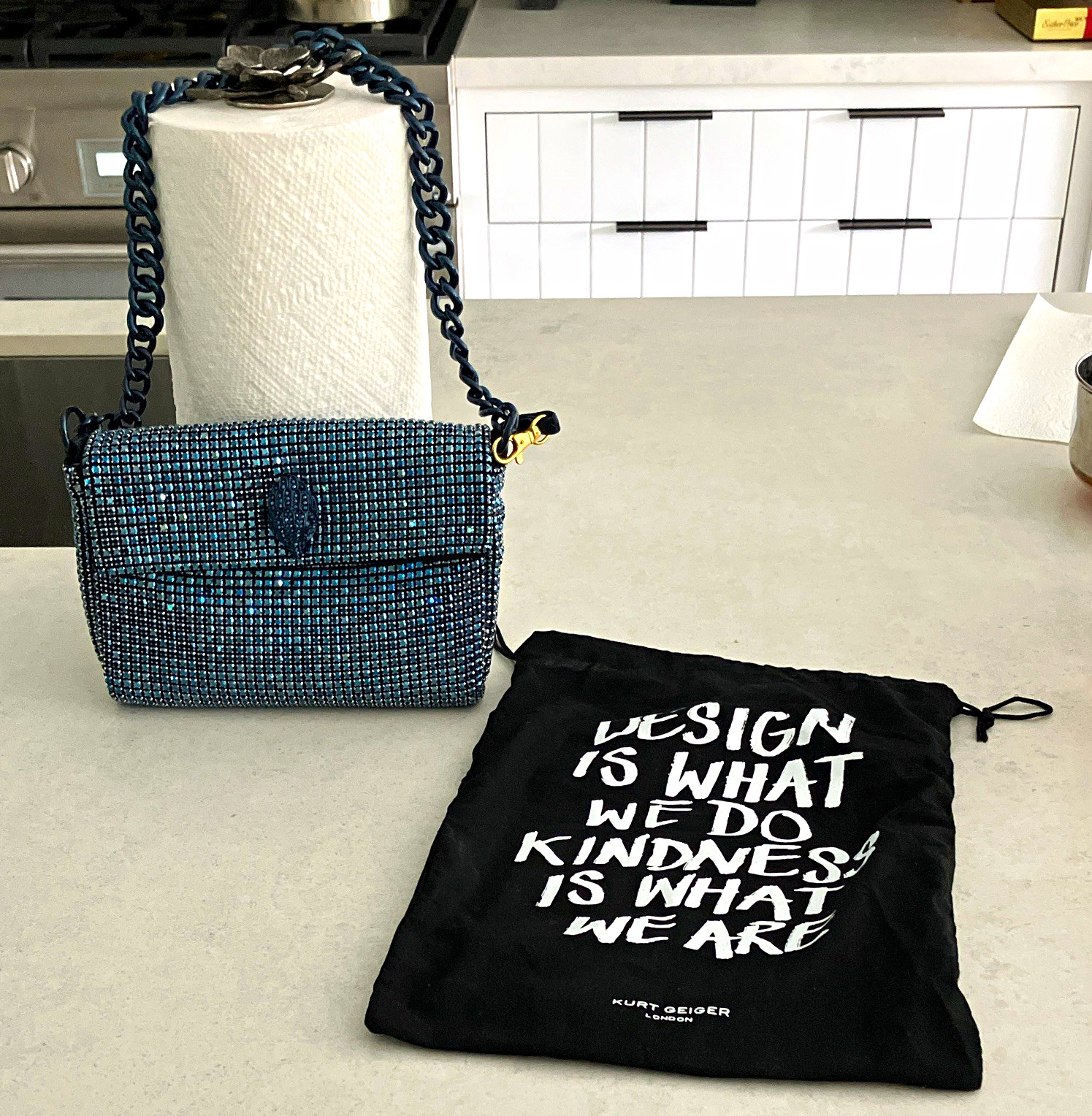 Kurt Geiger Kensington Blue Crystal Shoulder Bag Chain Strap Dust Bag