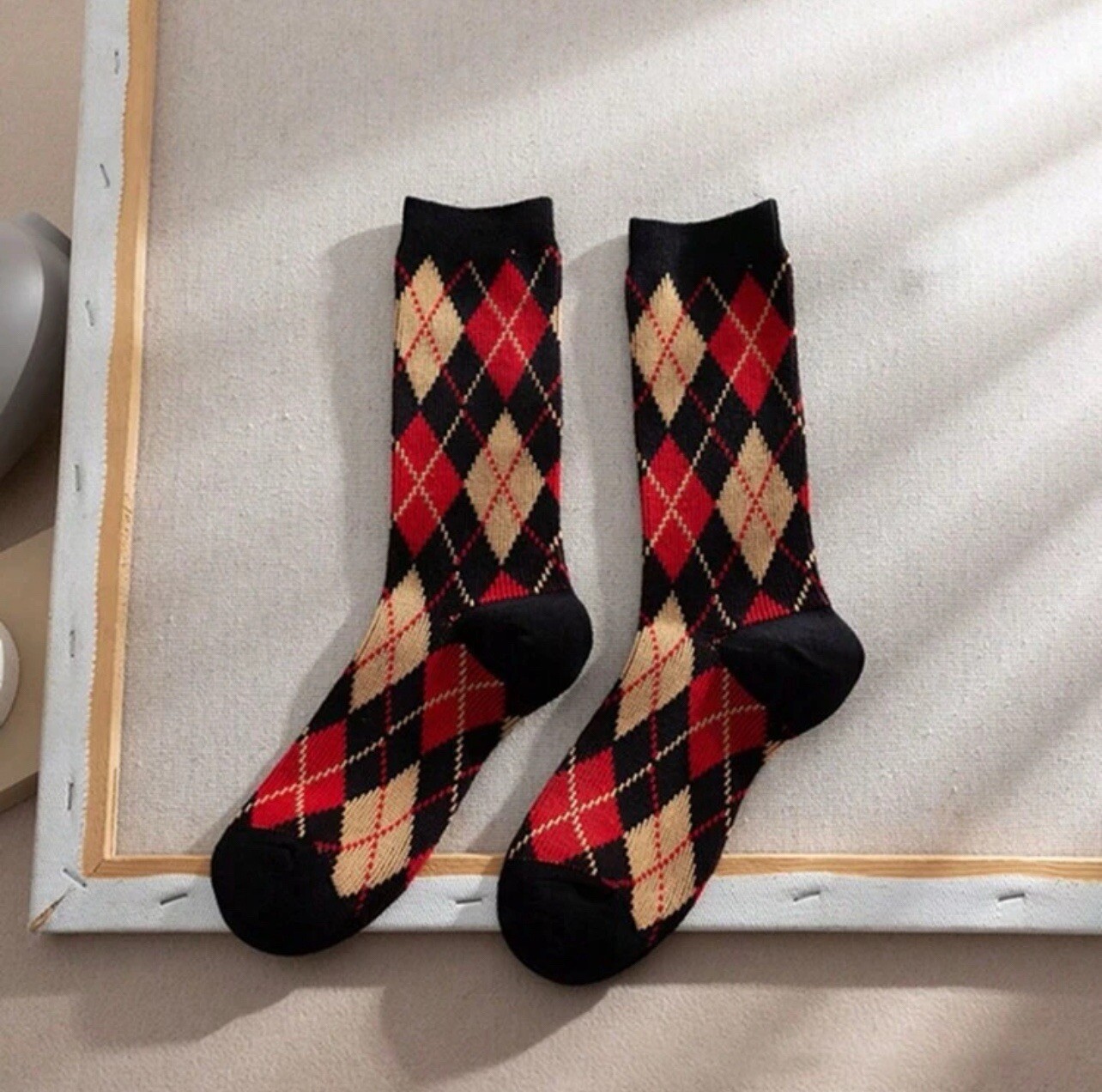 5 Pairs Girls Women Autumn/Winter Diamond Plaid Mid-Calf Retro Collage Socks