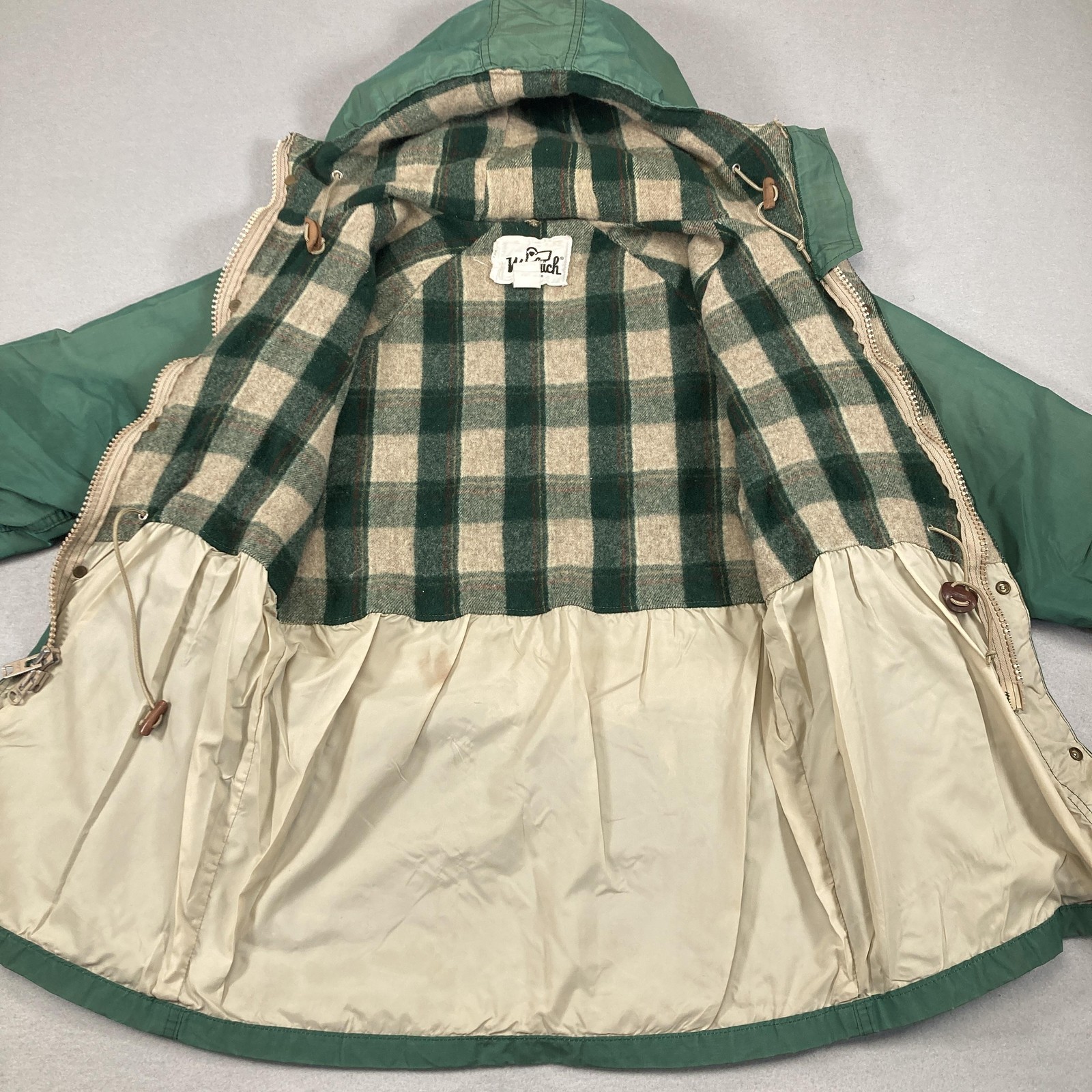 Vintage Woolrich Jacket Mens Large Green Hooded Hunting Parka Coat Plaid Lined