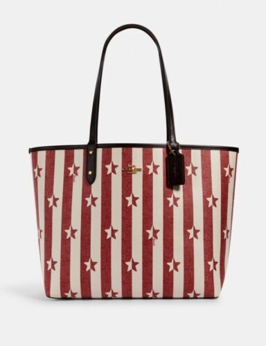 COACH Reversible City Tote In Printed Coated Canvas with Stripe Star Print NWT
