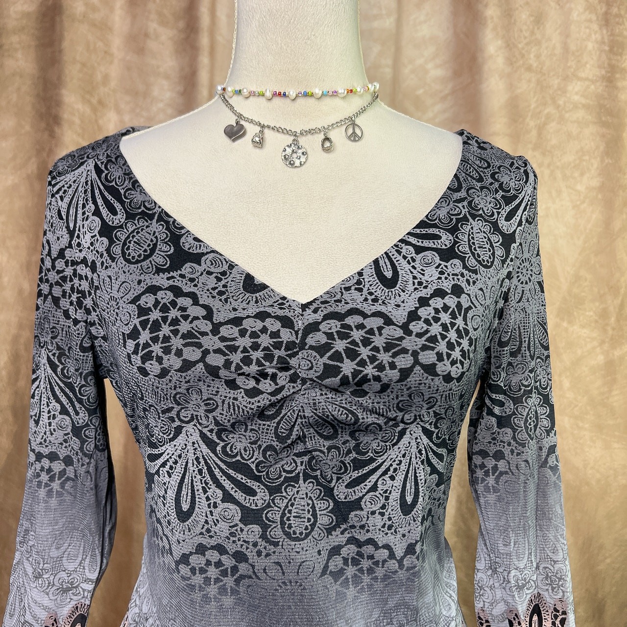 Y2K Boho Grunge Top Paisley Mesh Ombre Floral Cinched Front 3/4 Sleeve Indie