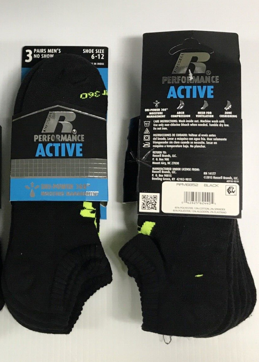 Russell DRI-POWER 360 Performance Active No-Show Socks, Black, Large, 6 pairs