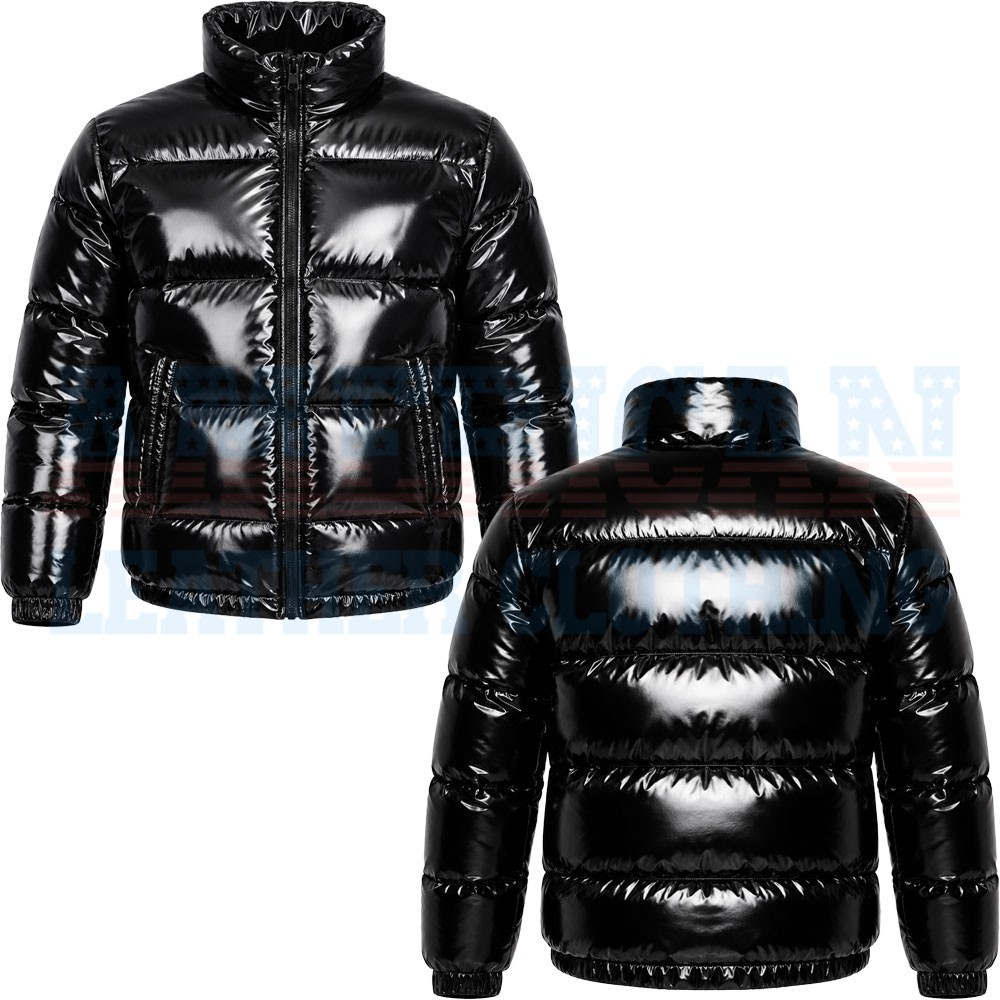 Men’s Black Shiny PVC Vinyl Bubble Puffer Bomber Jacket Glossy Waterproof Winter