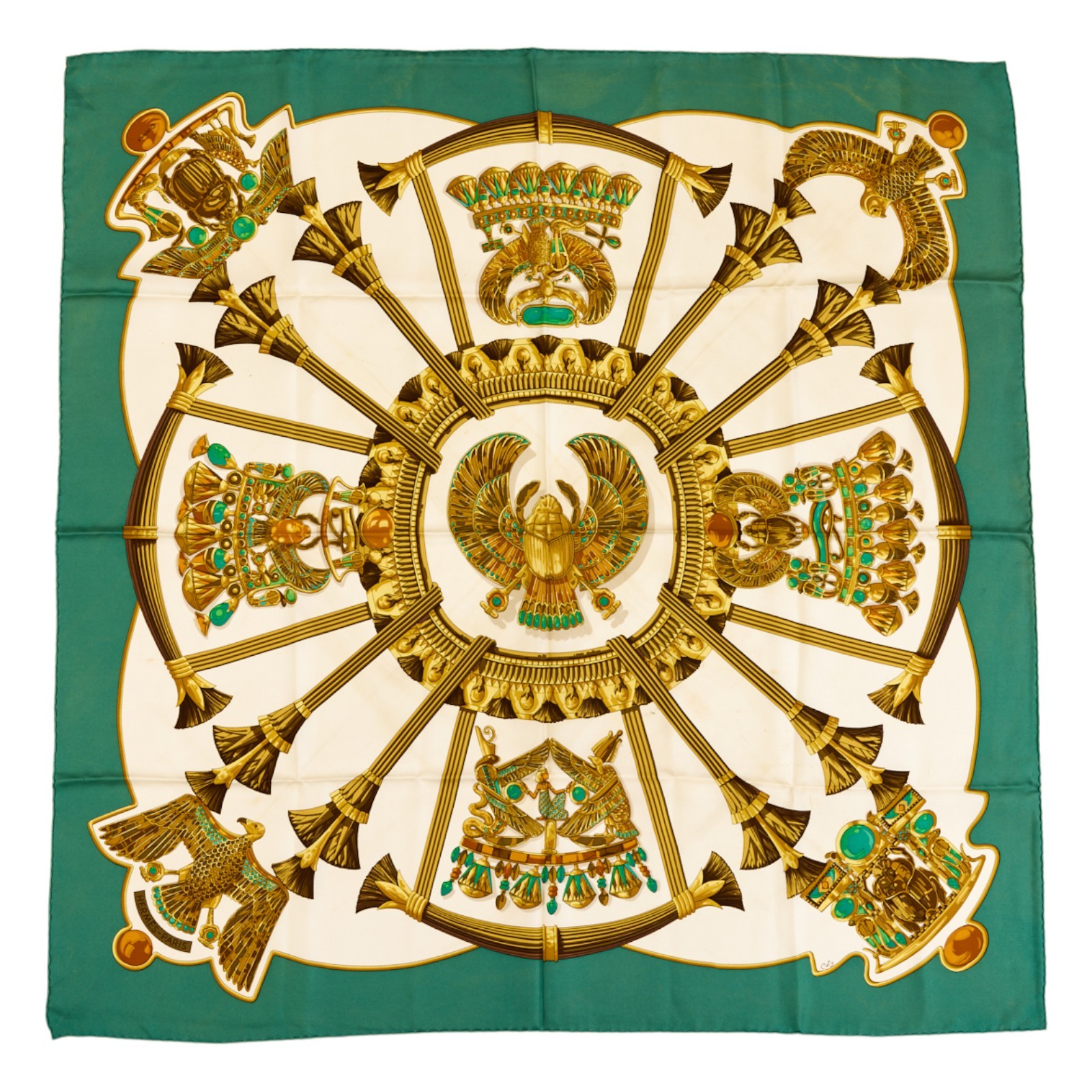 Hermes Silk Scarf Carre 90 “Scarab, Egypt” Green Silk Scarf us duty free