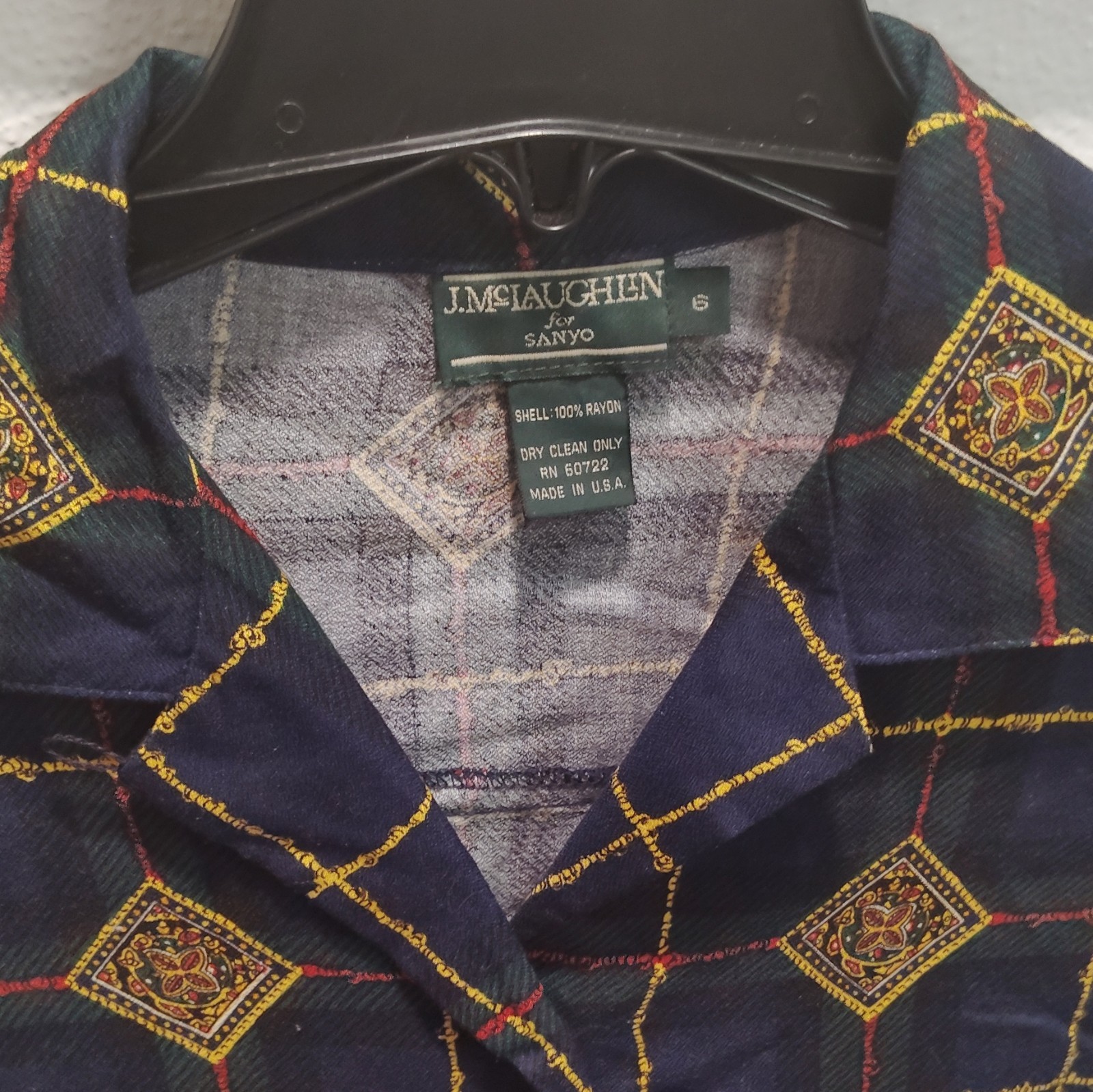 VTG 80’s J. McLaughlin for Sanyo Womens 6 Blue Plaid Collared Long Sleeve Rayon