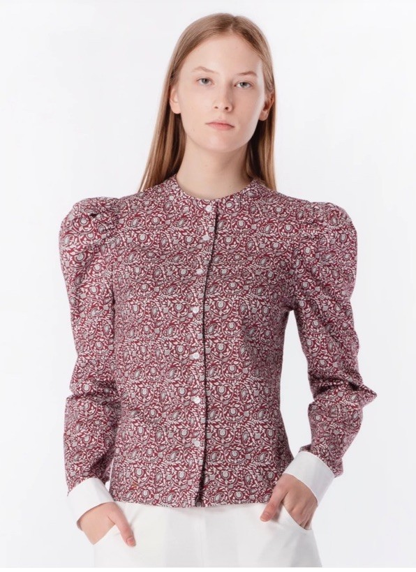 MAAC London Polson Wine Red Paisley Cotton Puff Shoulder Blouse Small $178