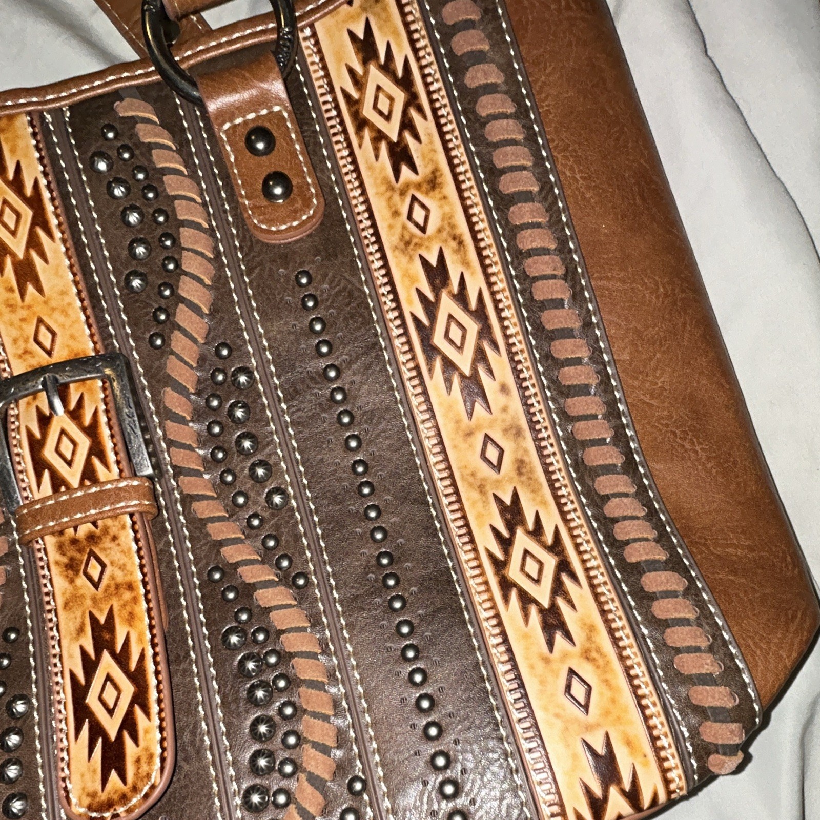 Montana West Brown Western Geometric Studded Tote Zip Inner/Outer Pockets