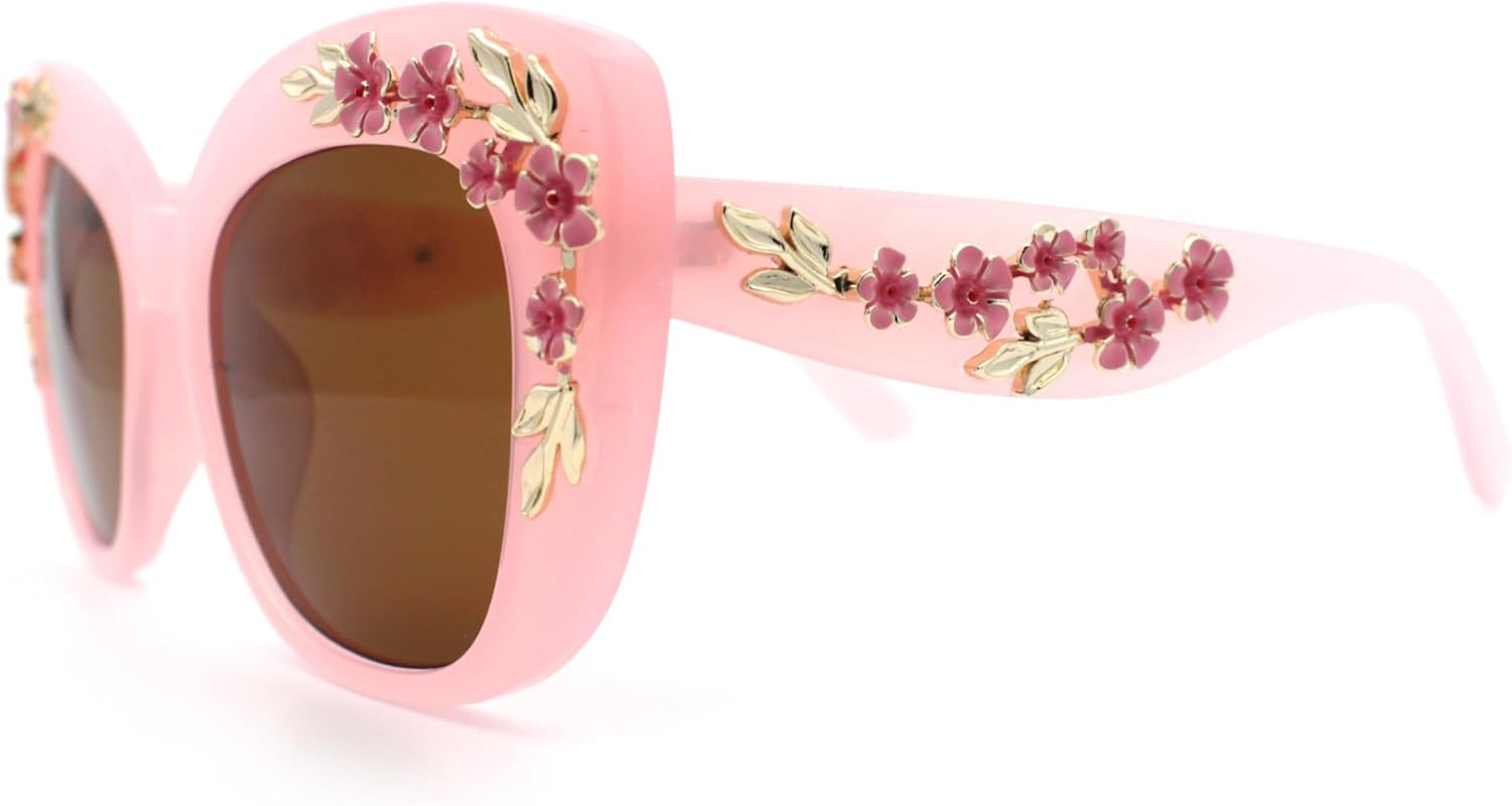 SA106 Womens Metal Flower Foliage Jewel Brow Trim Oversize Cat Eye Sunglasses