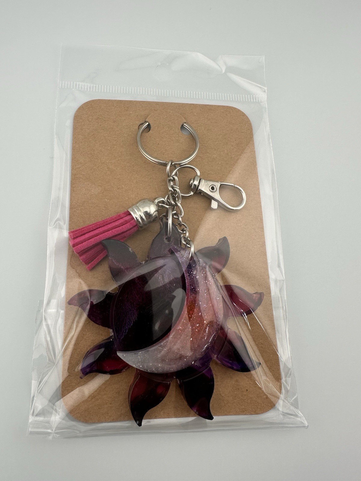 Handmade Purple Galaxy Resin Sun & Moon Keychain Tassel Celestial Bag Charm