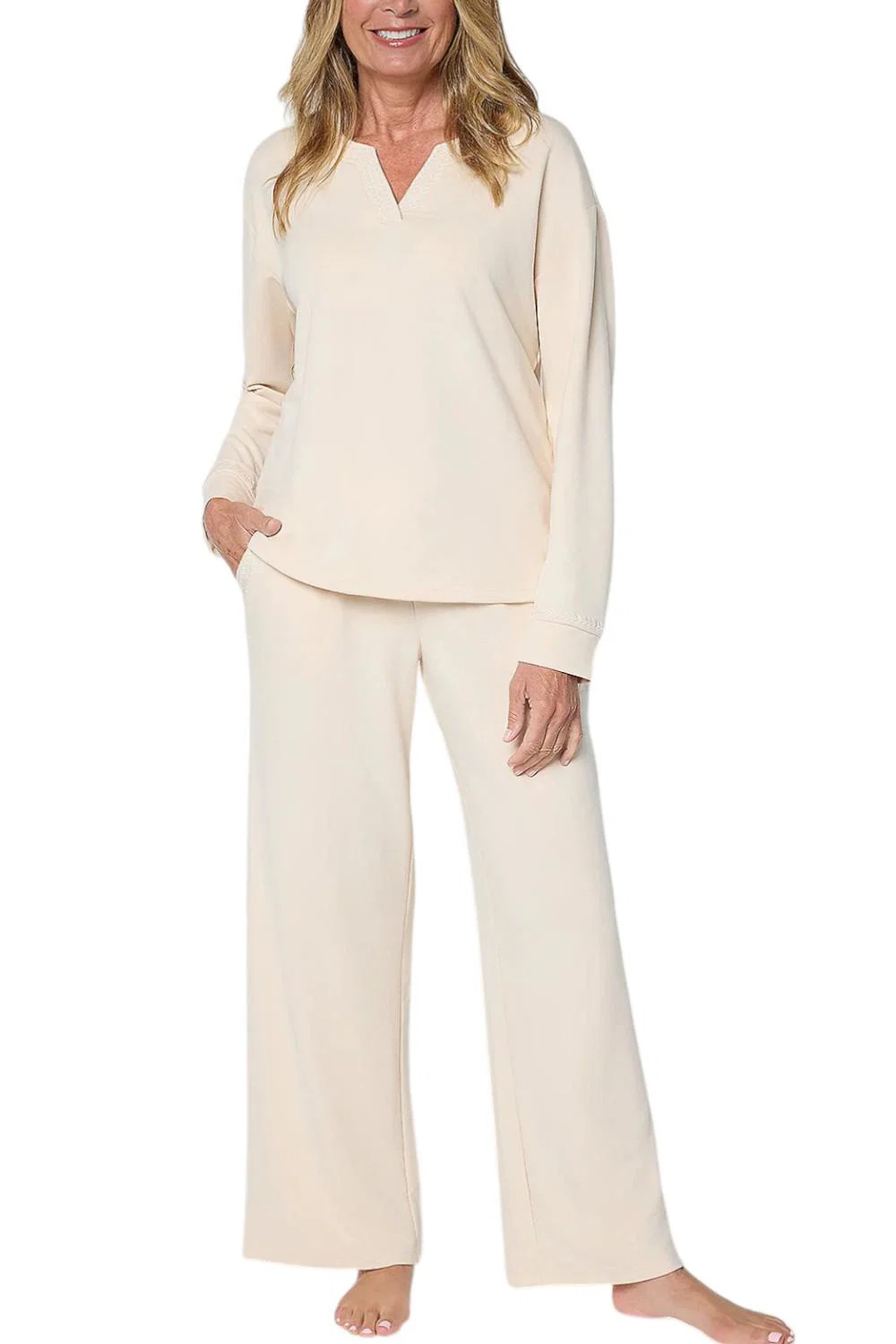 MUK LUKS Women’s French Terry Stitched Lounge Set Cream